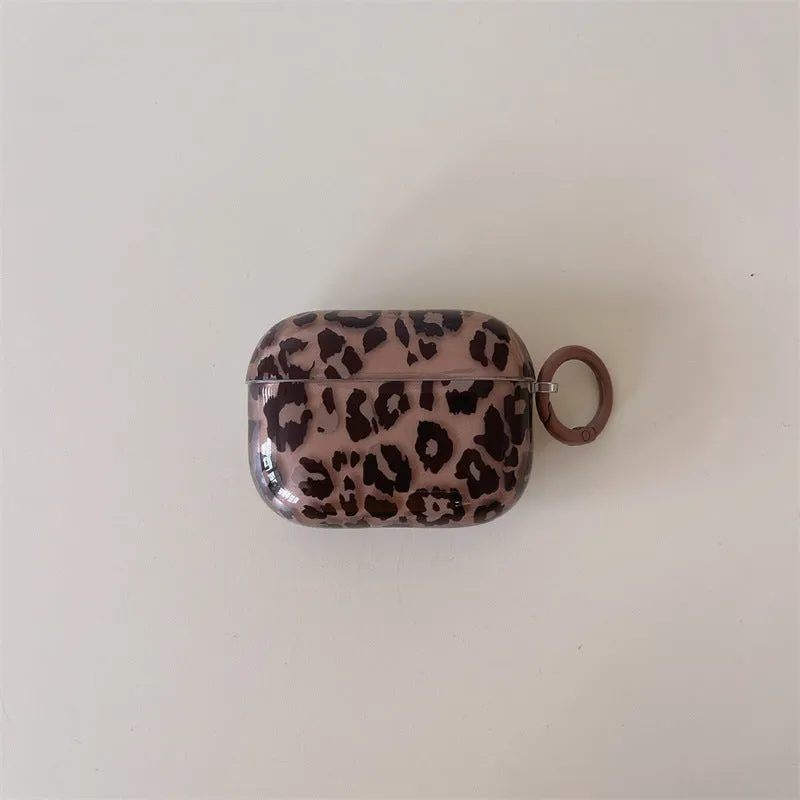 Transparent brown leopard printed PC earphone sleeve for Apple AirPods charging case with snap-on fit