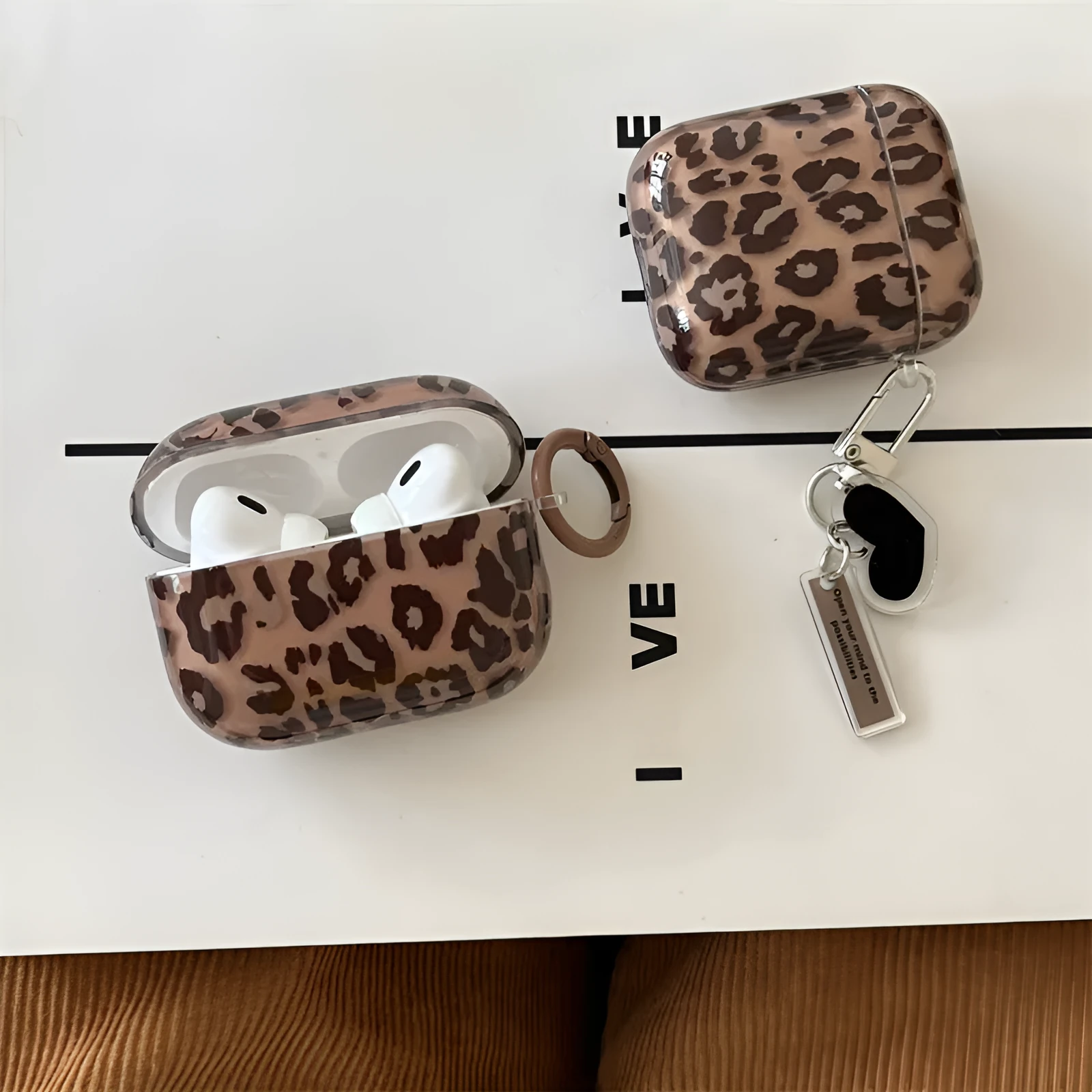Transparent brown leopard printed PC earphone sleeve for Apple AirPods charging case with snap-on fit