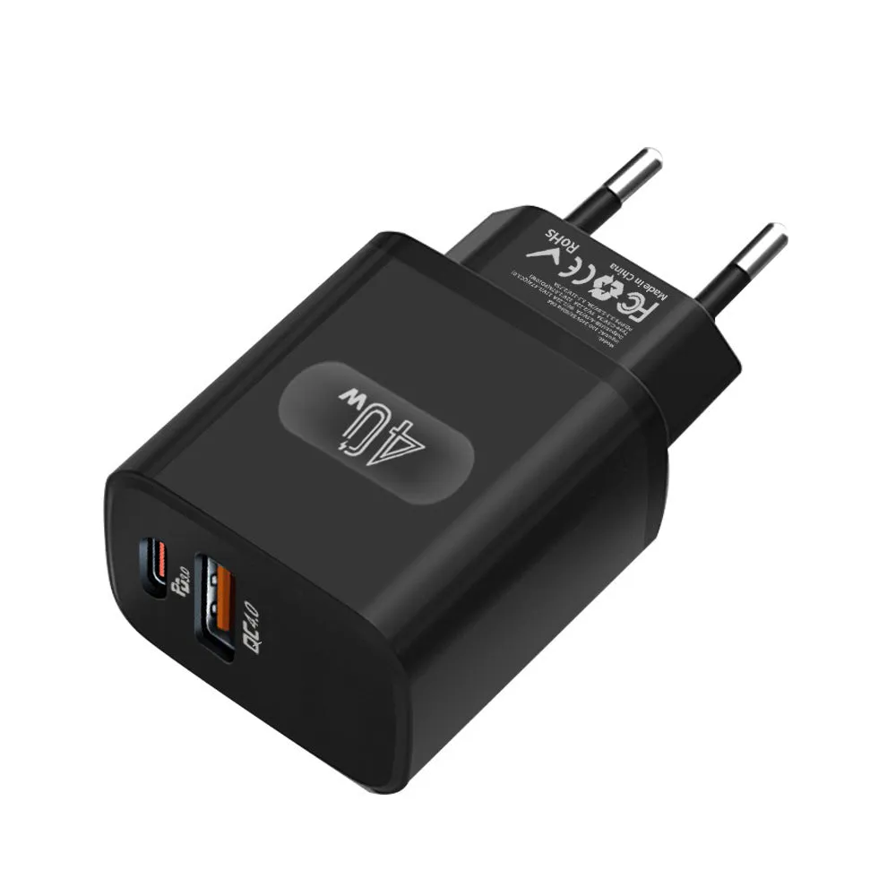 Dual-port USB charger 40W with European and American standard plugs in white and black colour options