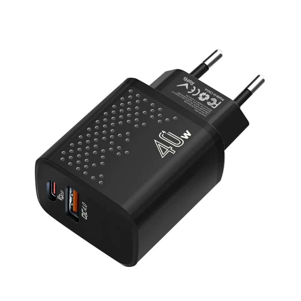 Dual-port USB charger 40W with European and American standard plugs in white and black colour options