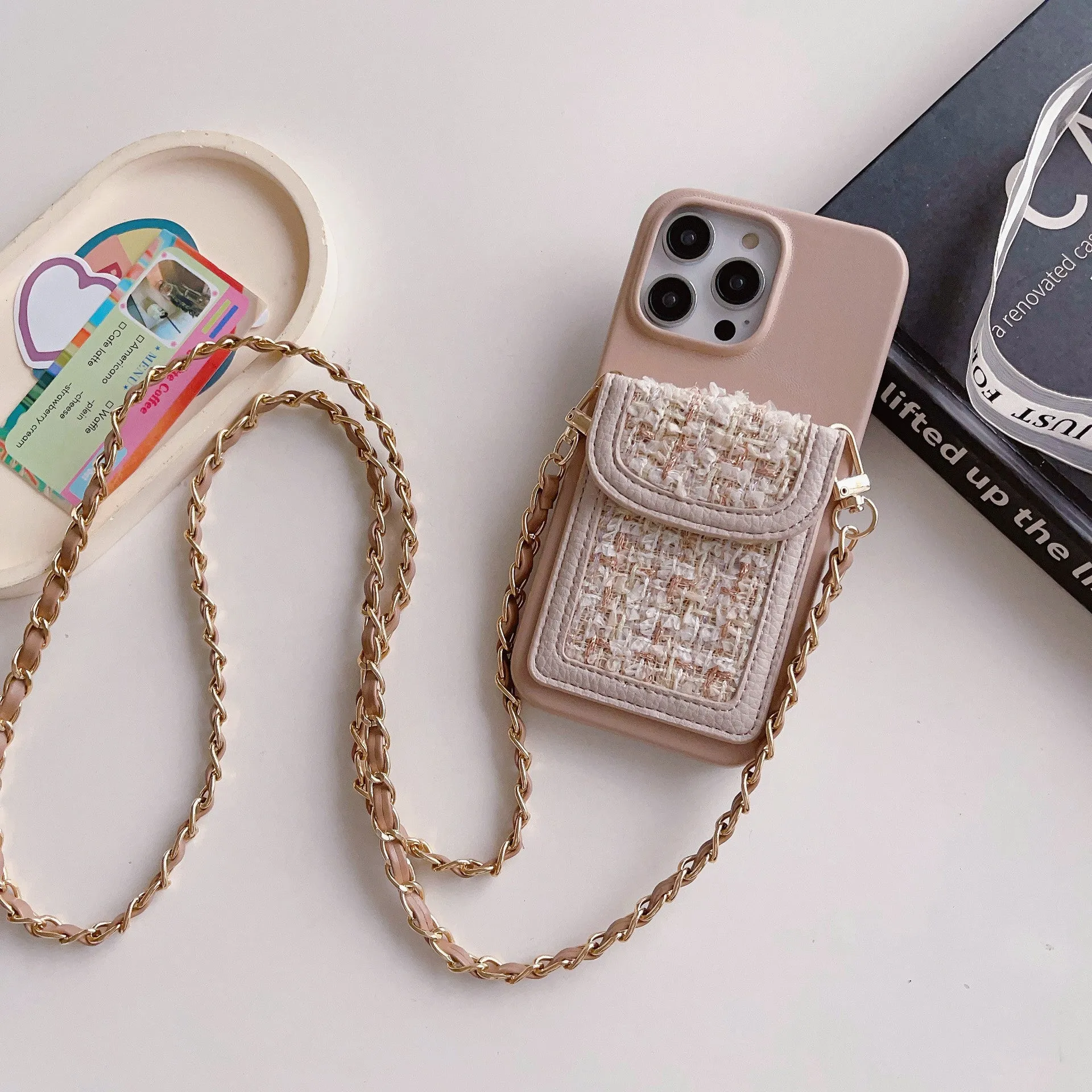 PU leather crossbody chain card holder phone case for iPhone, woven pattern, frosted finish, black colour option