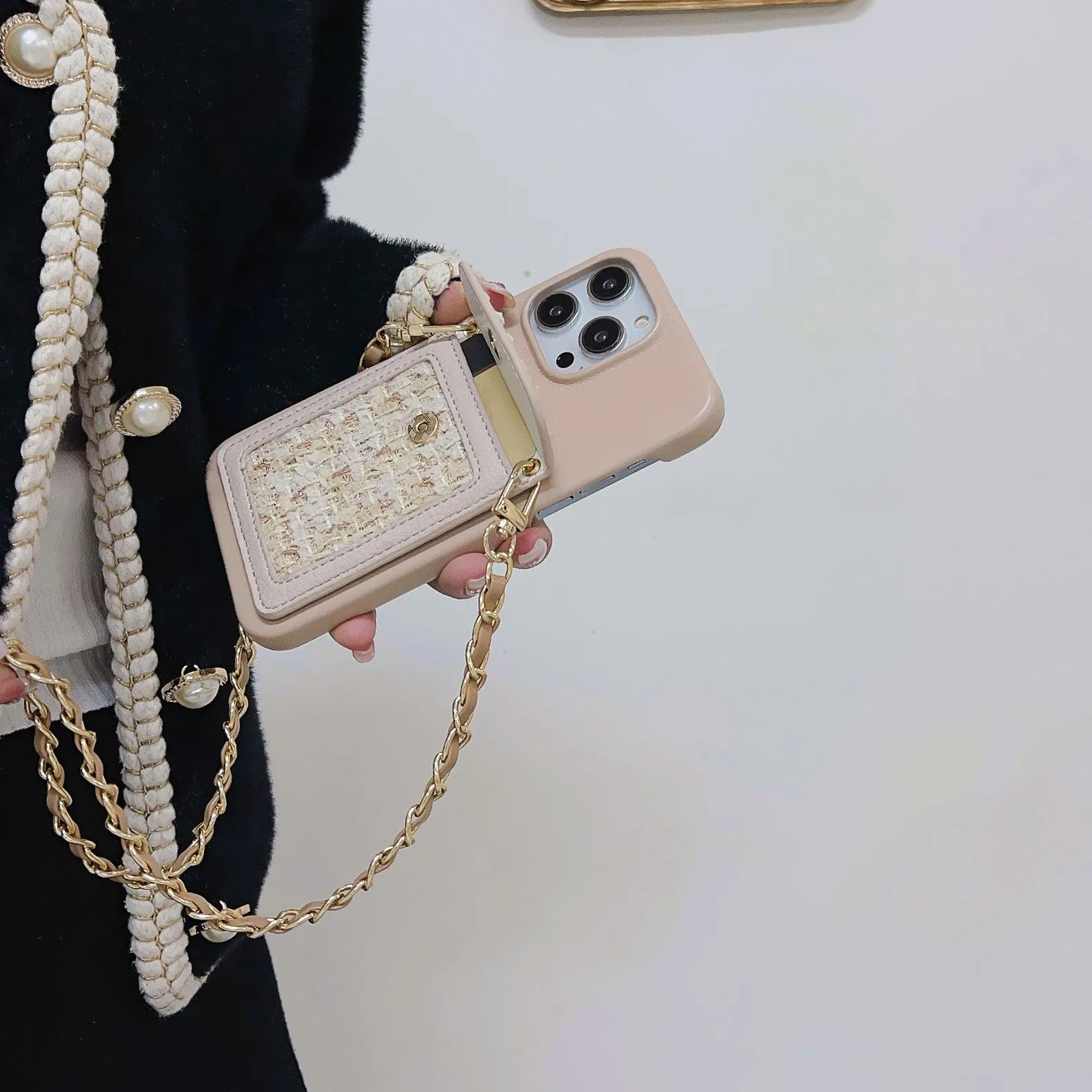 PU leather crossbody chain card holder phone case for iPhone, woven pattern, frosted finish, black colour option
