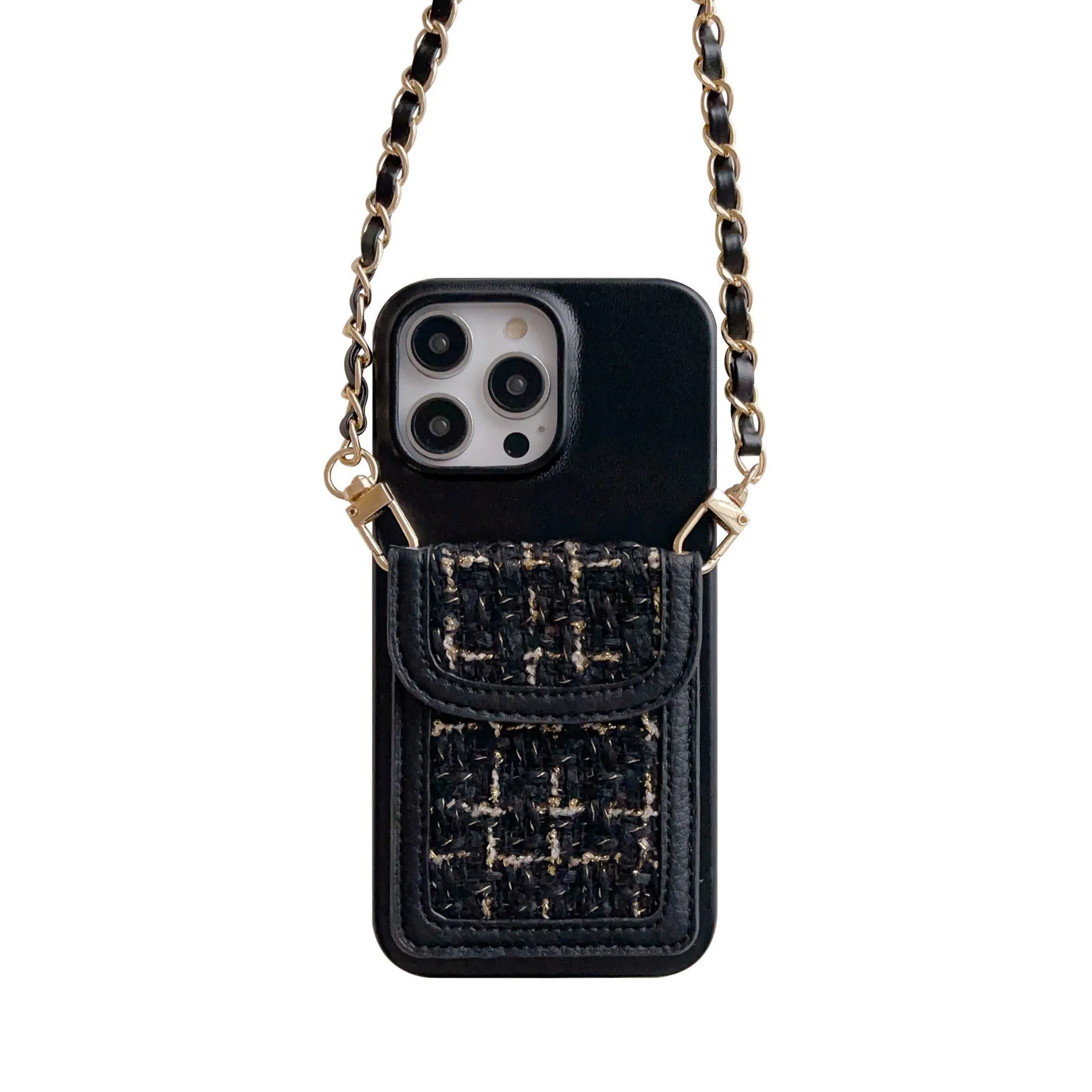 PU leather crossbody chain card holder phone case for iPhone, woven pattern, frosted finish, black colour option