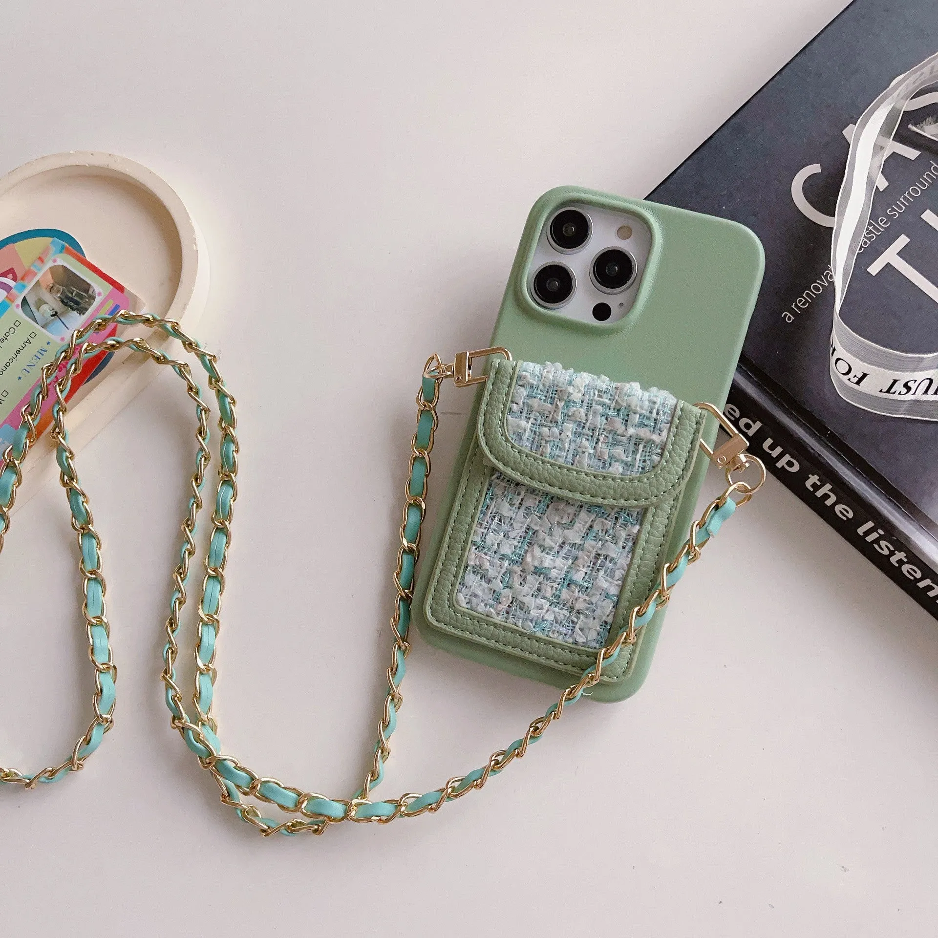 PU leather crossbody chain card holder phone case for iPhone, woven pattern, frosted finish, black colour option