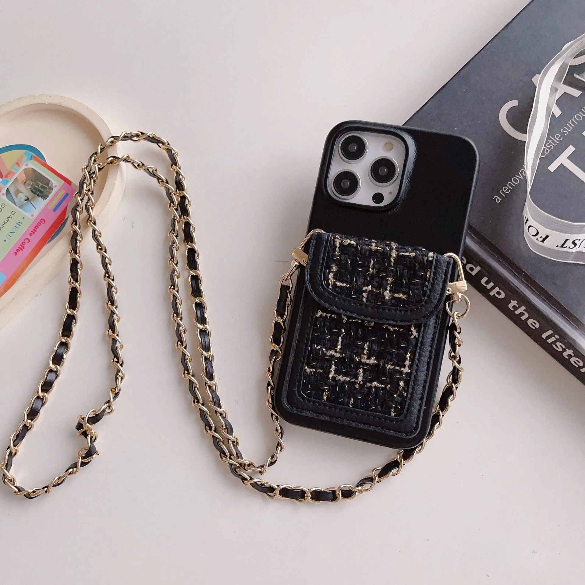 PU leather crossbody chain card holder phone case for iPhone, woven pattern, frosted finish, black colour option