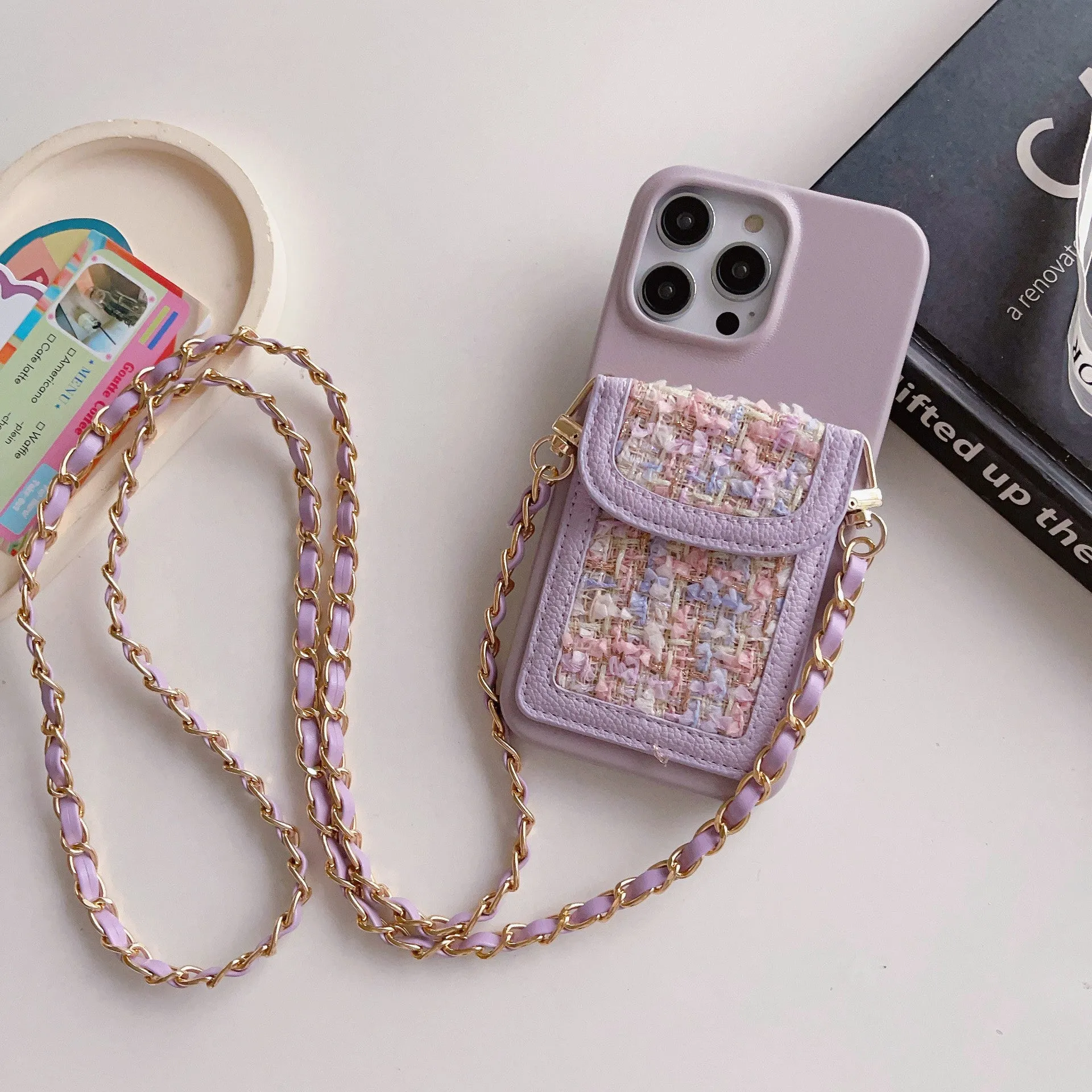 PU leather crossbody chain card holder phone case for iPhone, woven pattern, frosted finish, black colour option