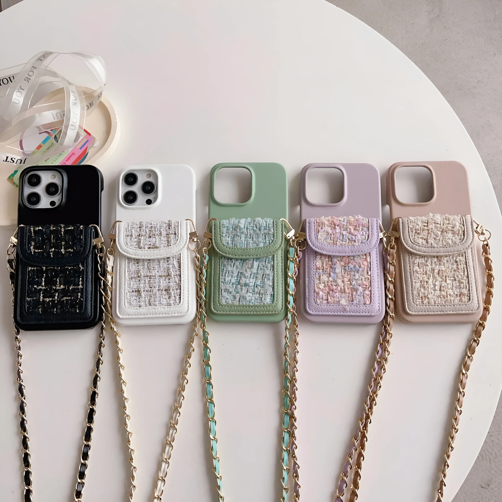 PU leather crossbody chain card holder phone case for iPhone, woven pattern, frosted finish, black colour option