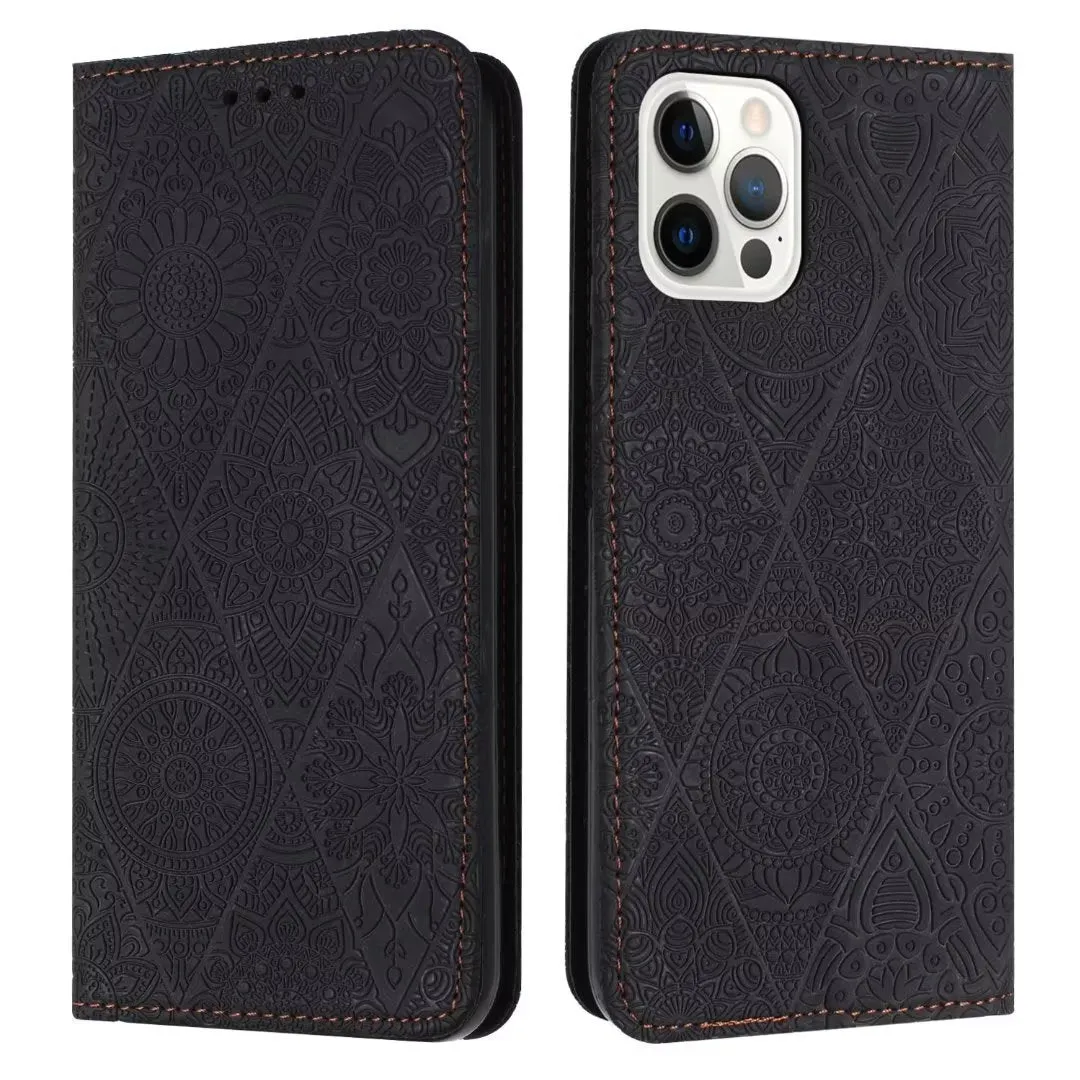 Solid colour retro embossing imitation leather phone case with built-in bracket, available for iPhone models