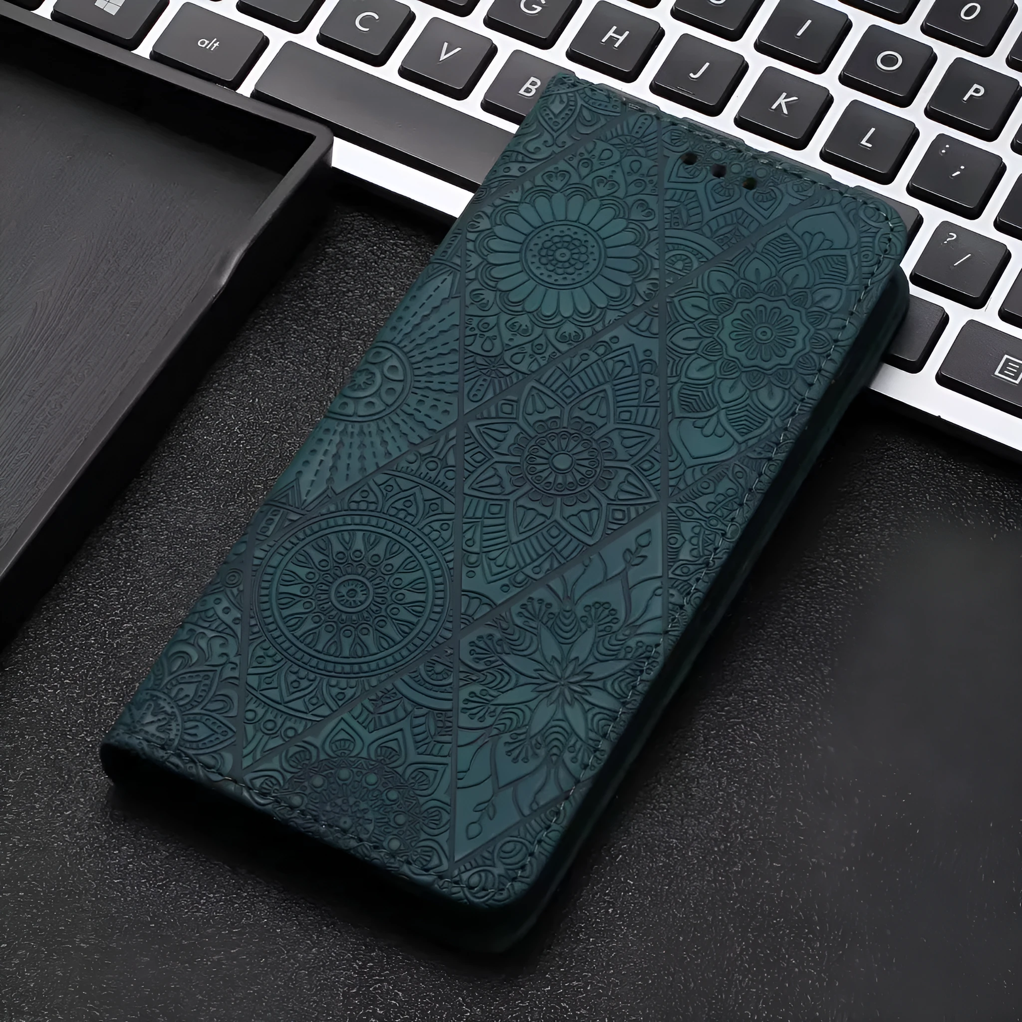 Solid colour retro embossing imitation leather phone case with built-in bracket, available for iPhone models
