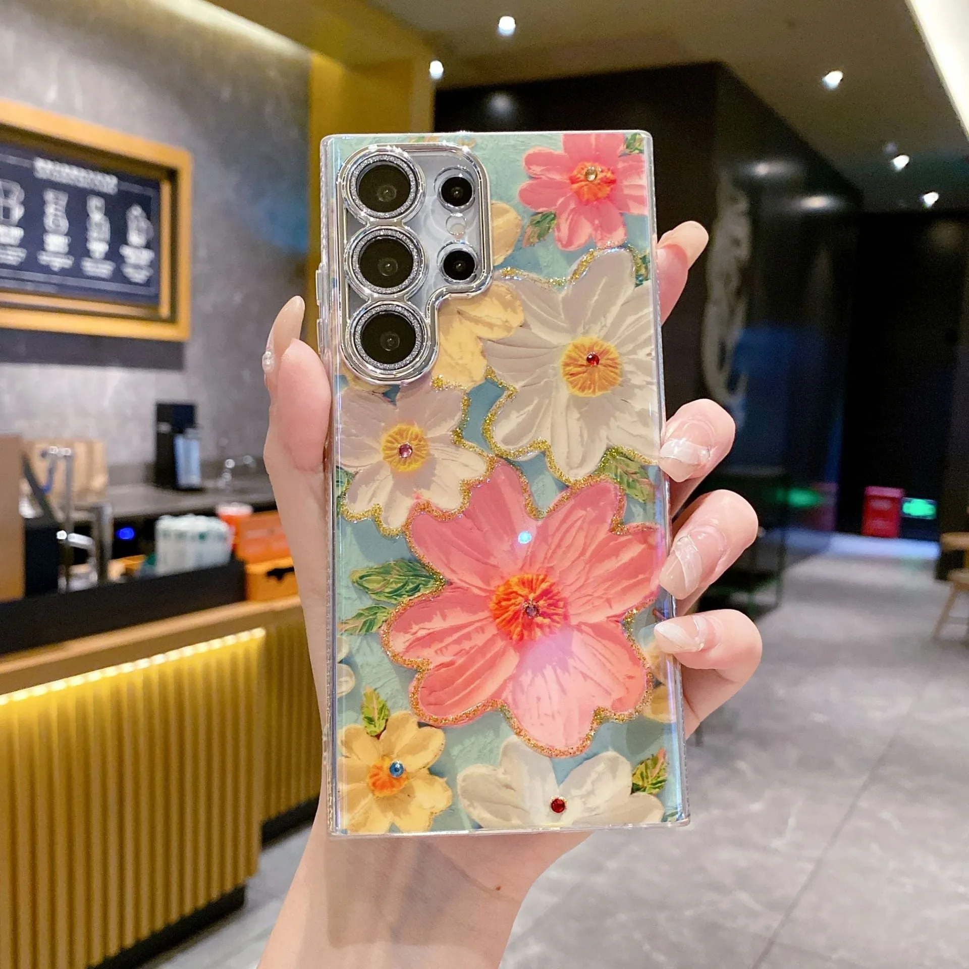 Rhinestone oil painting flower phone case for Samsung in purple large flower design with TPU acrylic back cover