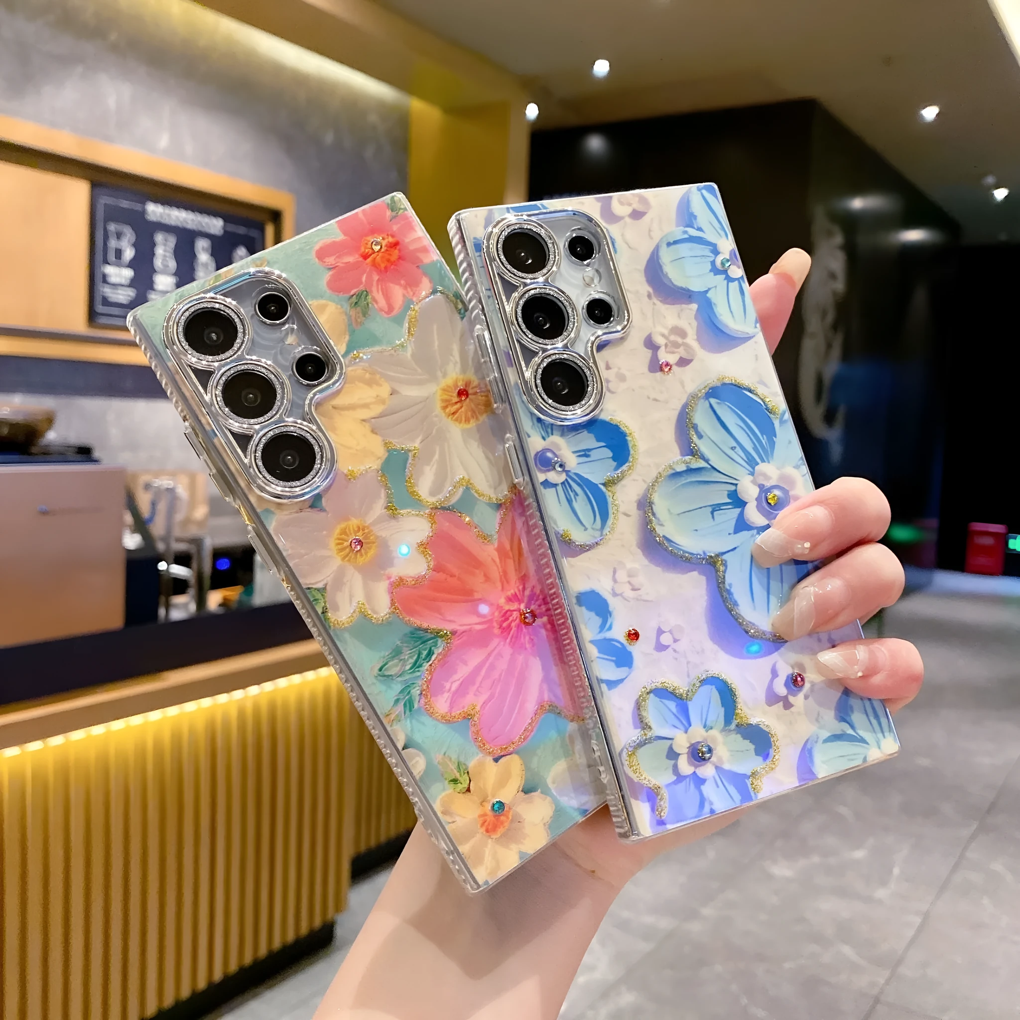 Rhinestone oil painting flower phone case for Samsung in purple large flower design with TPU acrylic back cover