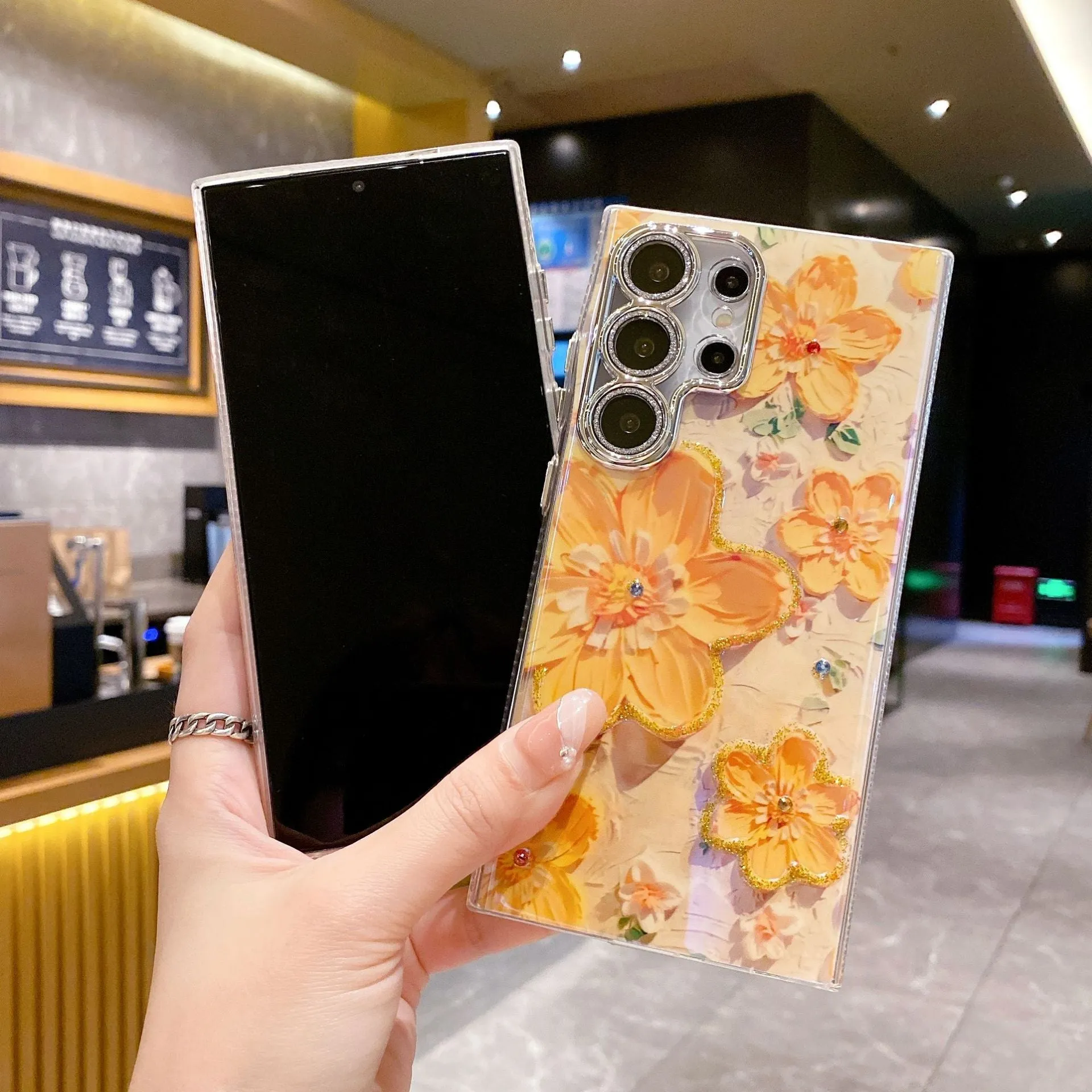 Rhinestone oil painting flower phone case for Samsung in purple large flower design with TPU acrylic back cover