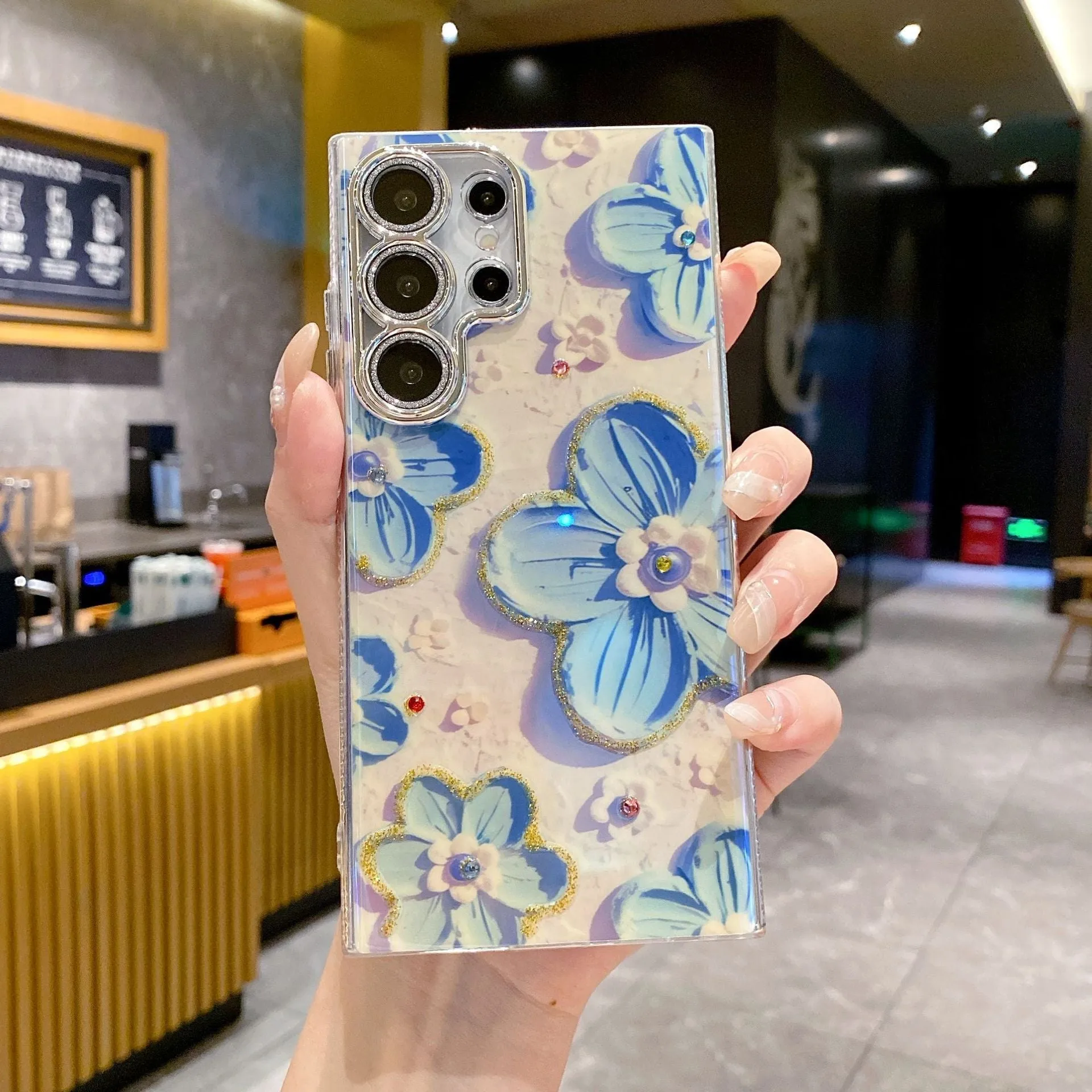 Rhinestone oil painting flower phone case for Samsung in purple large flower design with TPU acrylic back cover