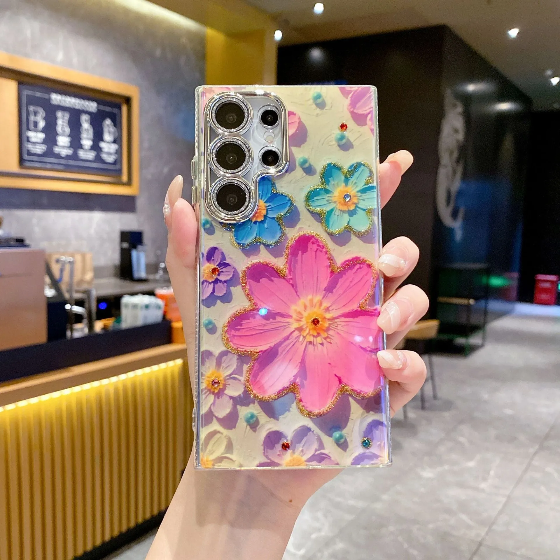 Rhinestone oil painting flower phone case for Samsung in purple large flower design with TPU acrylic back cover