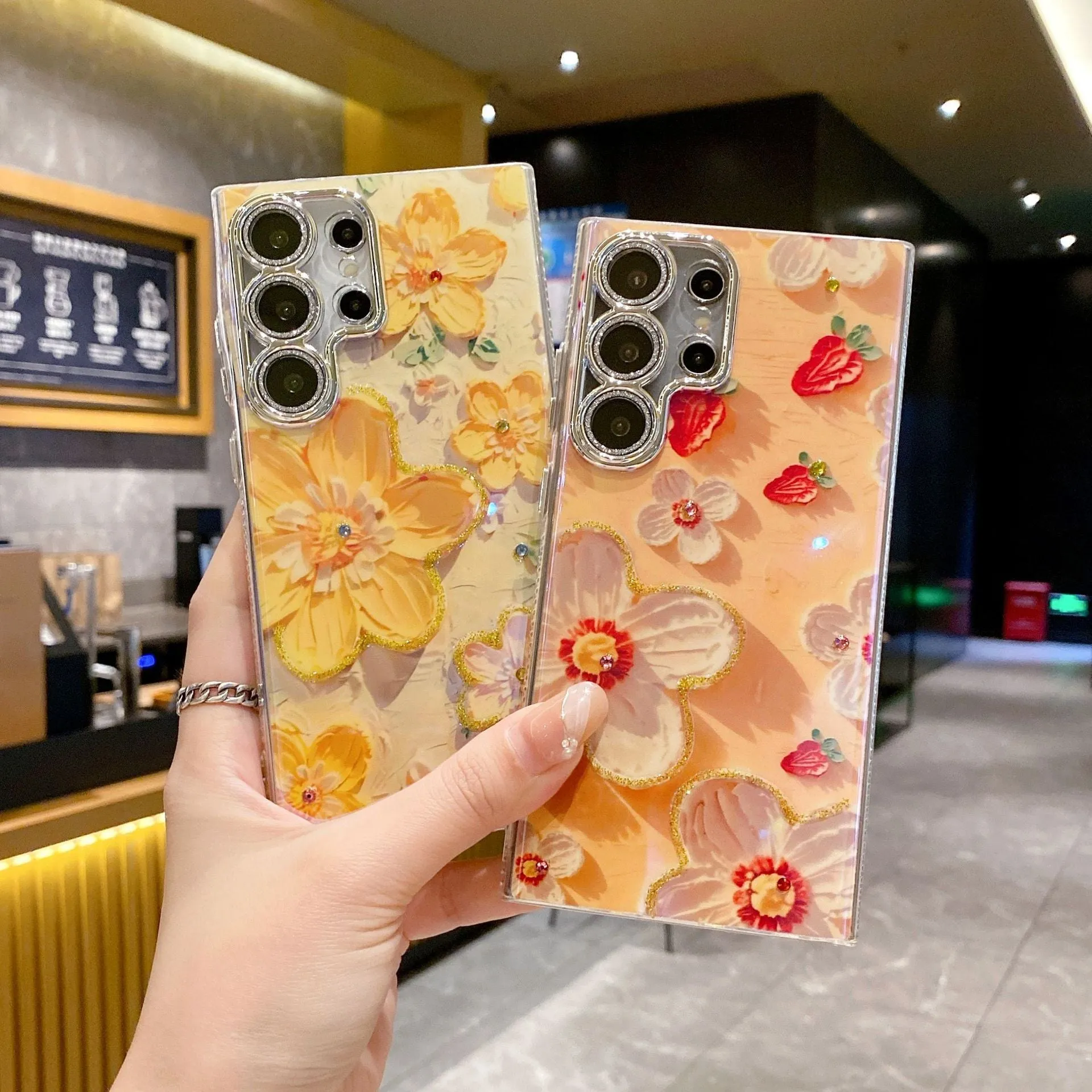 Rhinestone oil painting flower phone case for Samsung in purple large flower design with TPU acrylic back cover