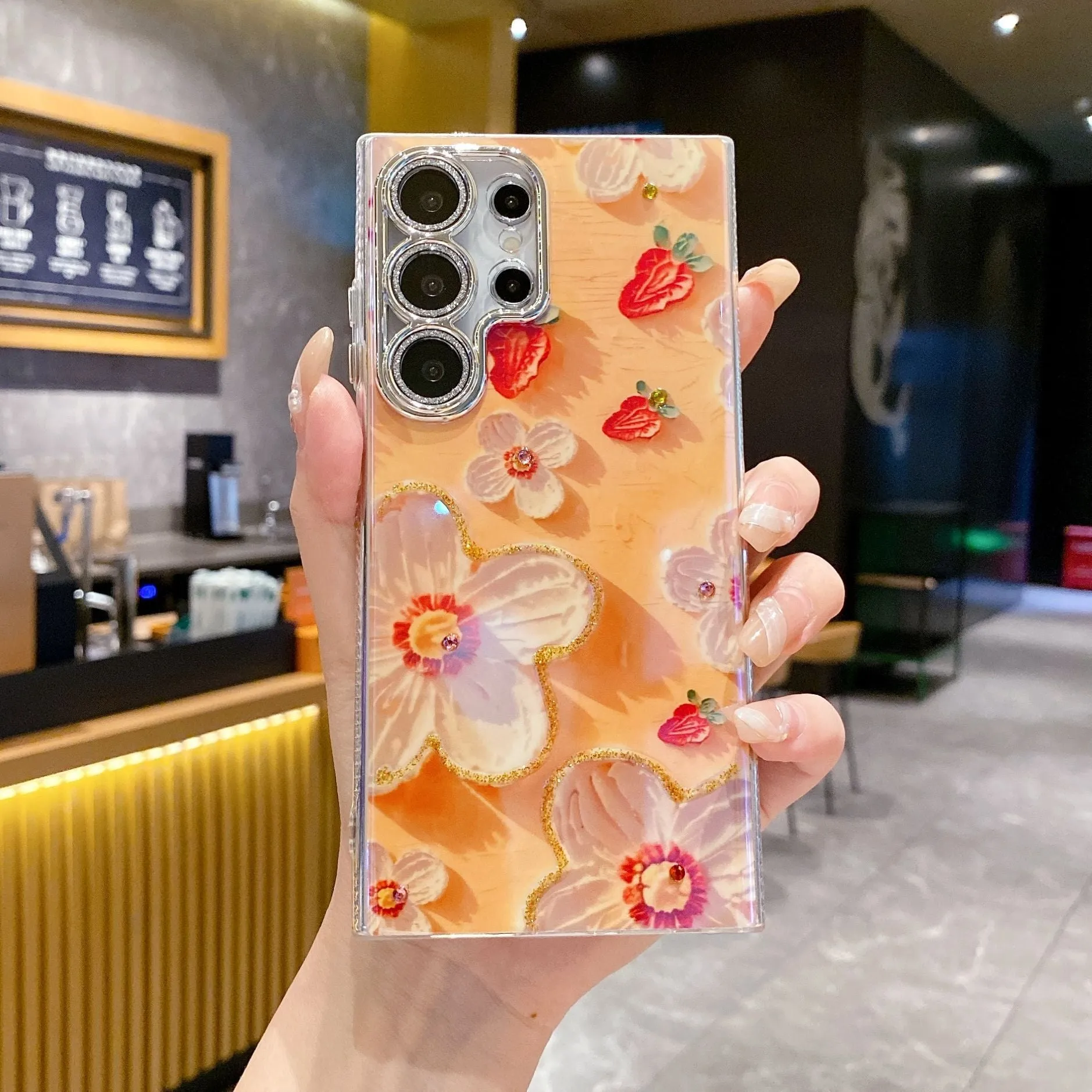 Rhinestone oil painting flower phone case for Samsung in purple large flower design with TPU acrylic back cover