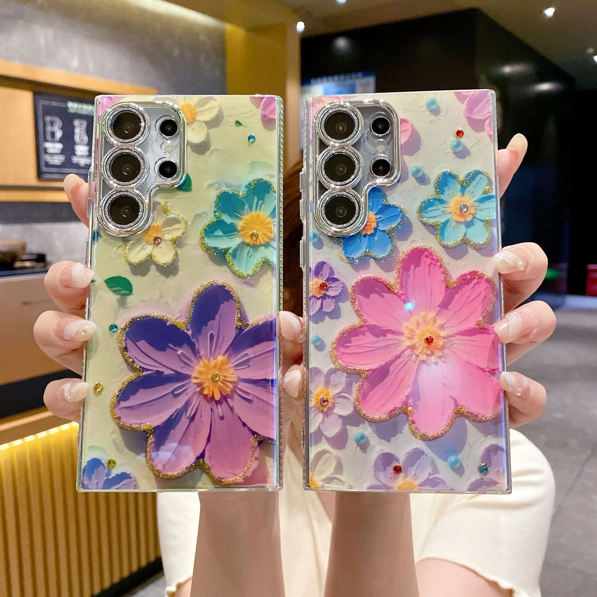 Rhinestone oil painting flower phone case for Samsung in purple large flower design with TPU acrylic back cover
