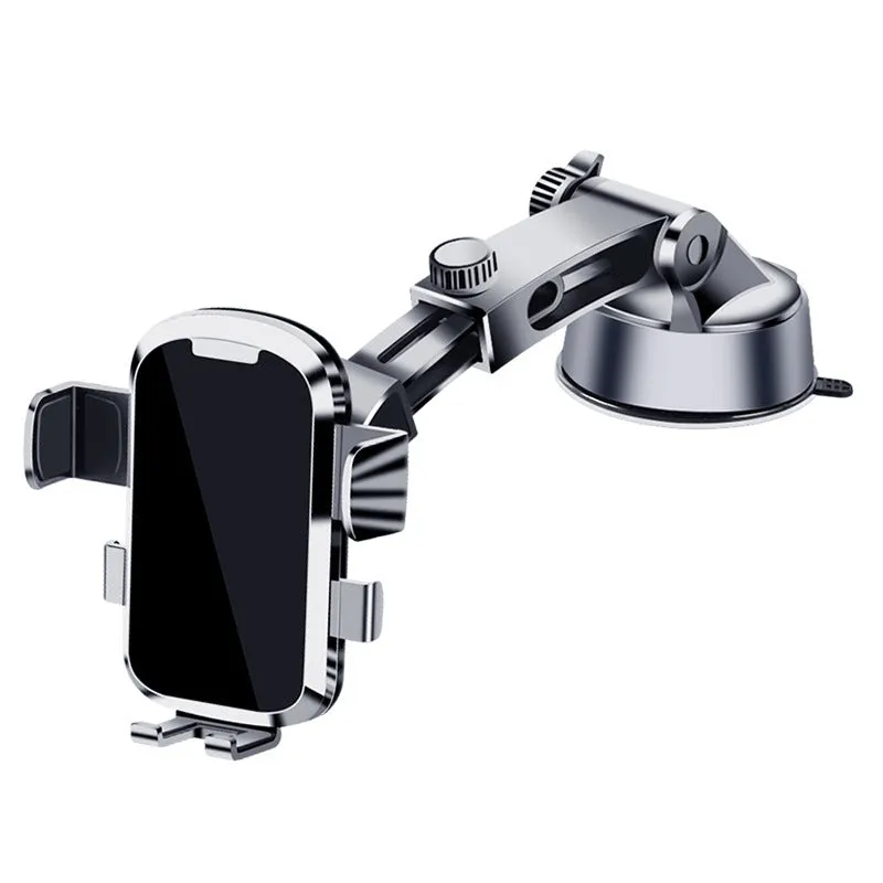 Retractable suction cup car phone holder with telescopic arm on dashboard