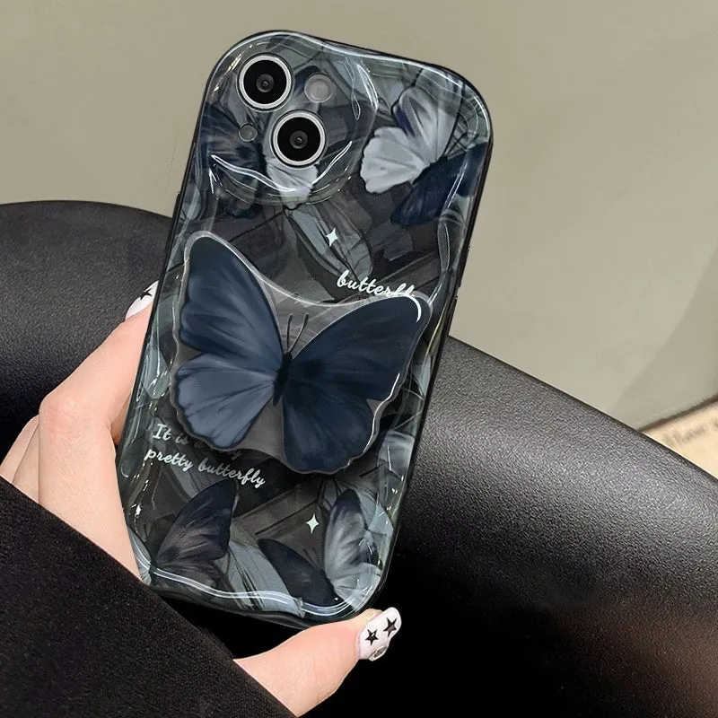 Silicone phone case with butterfly bracket in black for iPhone drop protection