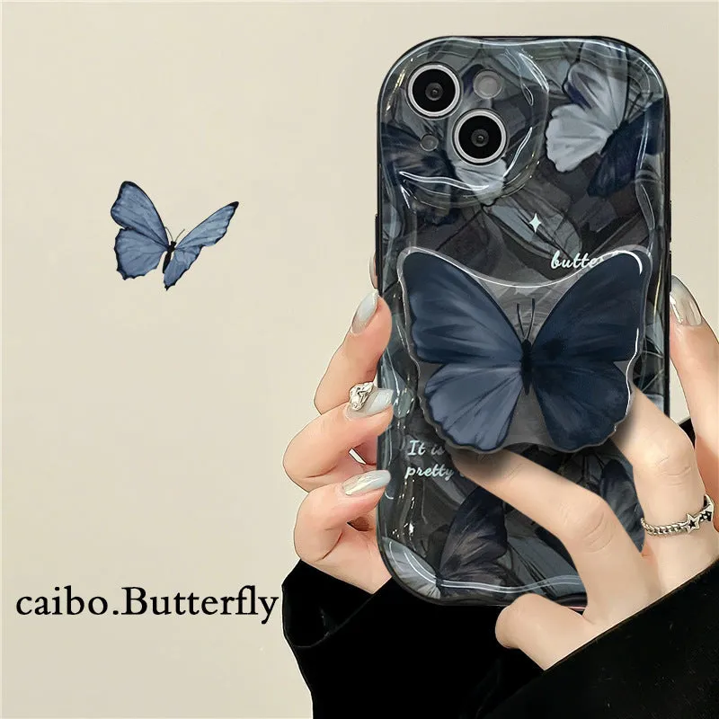 Silicone phone case with butterfly bracket in black for iPhone drop protection