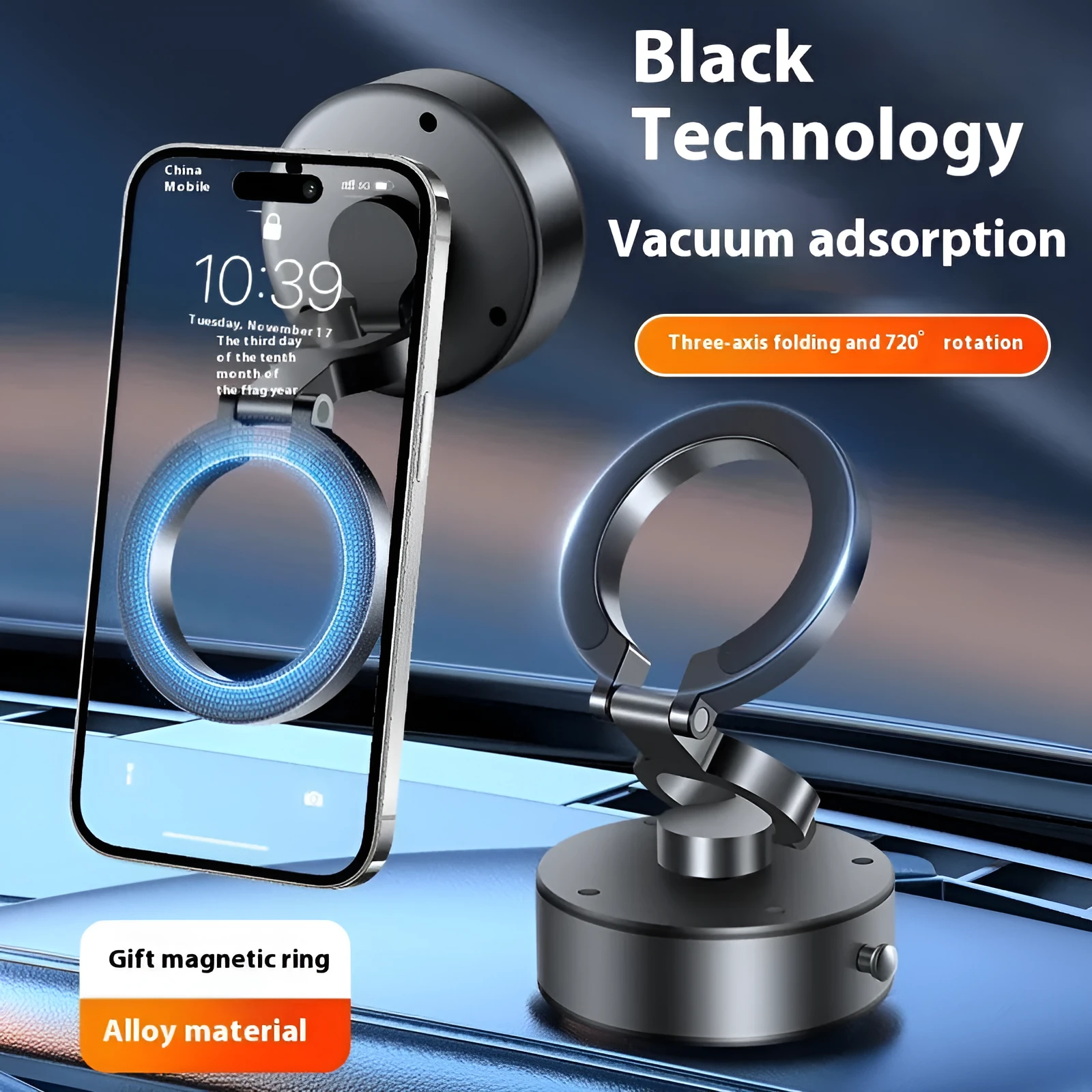 Car magnetic phone holder with alloy frame and 360 degree rotation, black colour option