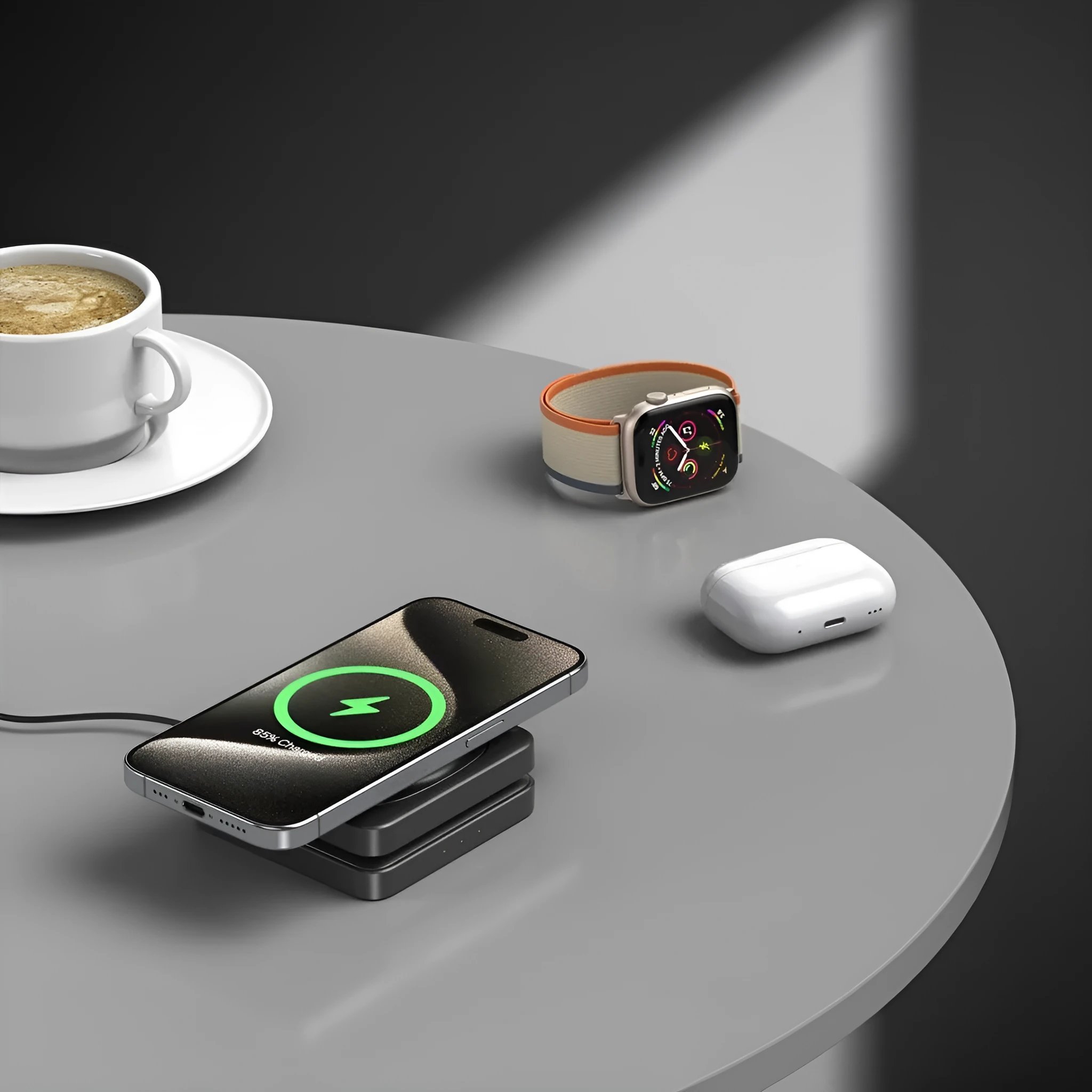 Three in one folding magnetic wireless charger in black, folded flat on a desk showing charging pads for phone and watch