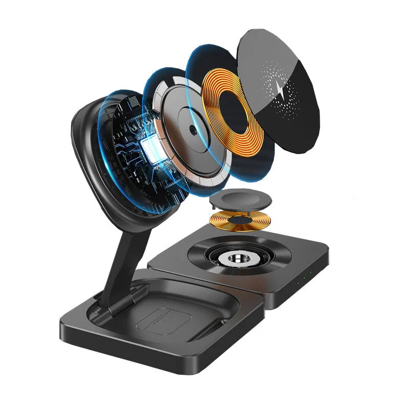 Three in one folding magnetic wireless charger in black, folded flat on a desk showing charging pads for phone and watch