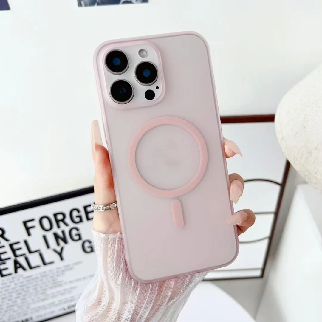Frosted magnetic PC phone case in transparent pink for iPhone, shockproof and anti-fingerprint