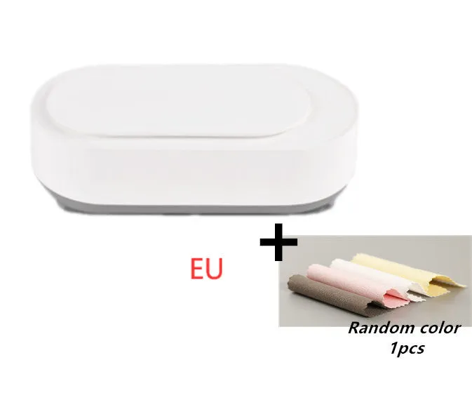 White portable ultrasonic cleaning machine with stainless steel tank and touch button.