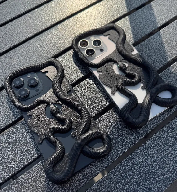 Tailed snake hollowed-out decorative phone case in black stone pattern for iPhone