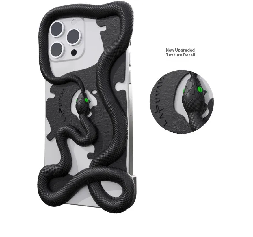 Tailed snake hollowed-out decorative phone case in black stone pattern for iPhone