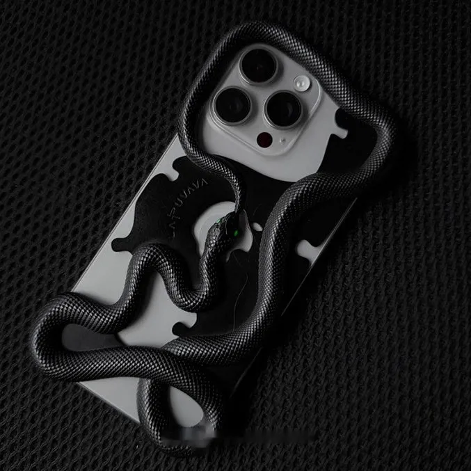 Tailed snake hollowed-out decorative phone case in black stone pattern for iPhone