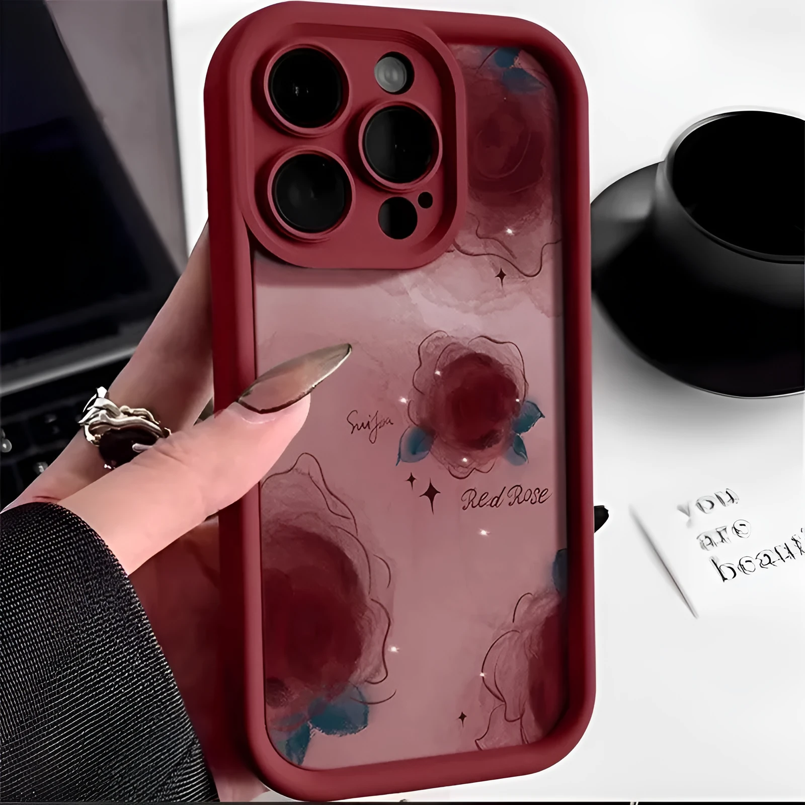 Creative blooming rose silicone phone case in red colour for iPhone 16 series back cover