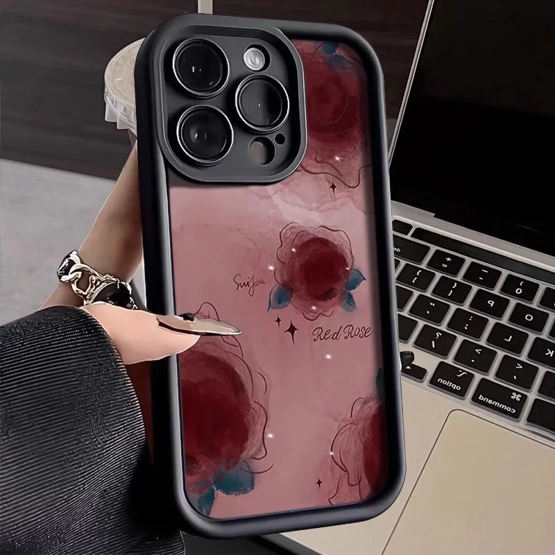 Creative blooming rose silicone phone case in red colour for iPhone 16 series back cover
