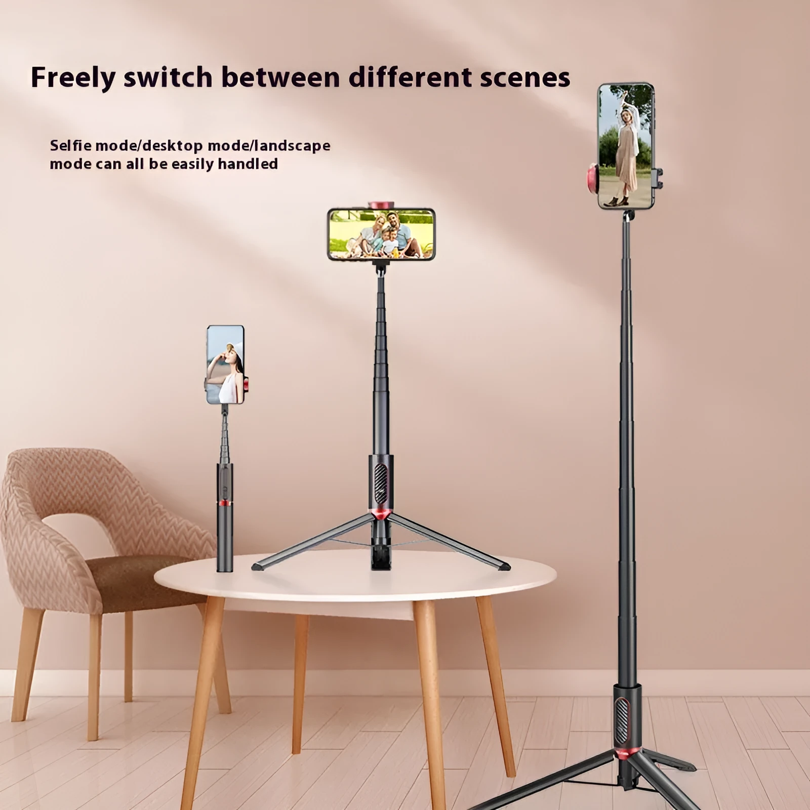 Black gold aluminum alloy Bluetooth selfie stick tripod extended to 1.7m holding a smartphone