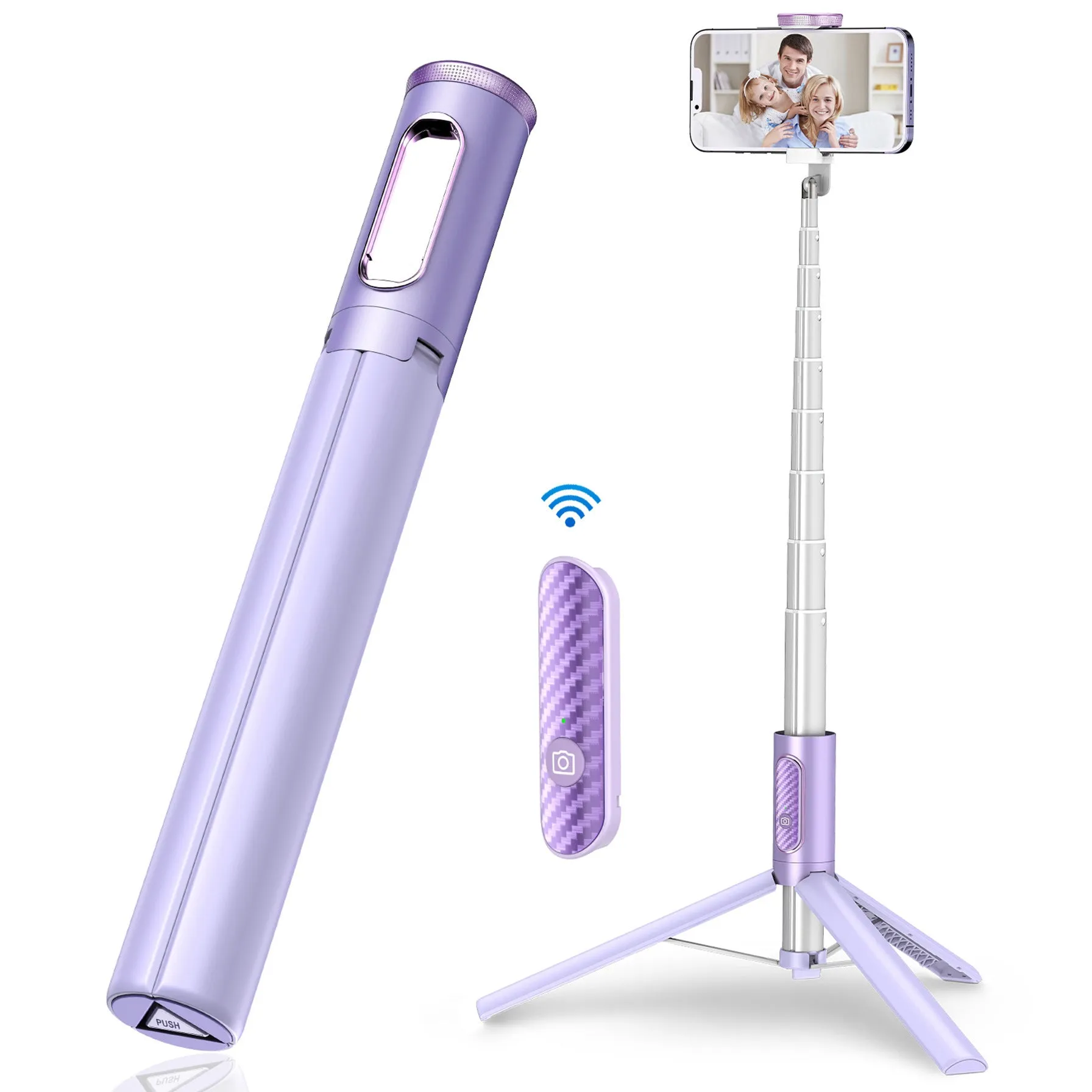 Black gold aluminum alloy Bluetooth selfie stick tripod extended to 1.7m holding a smartphone