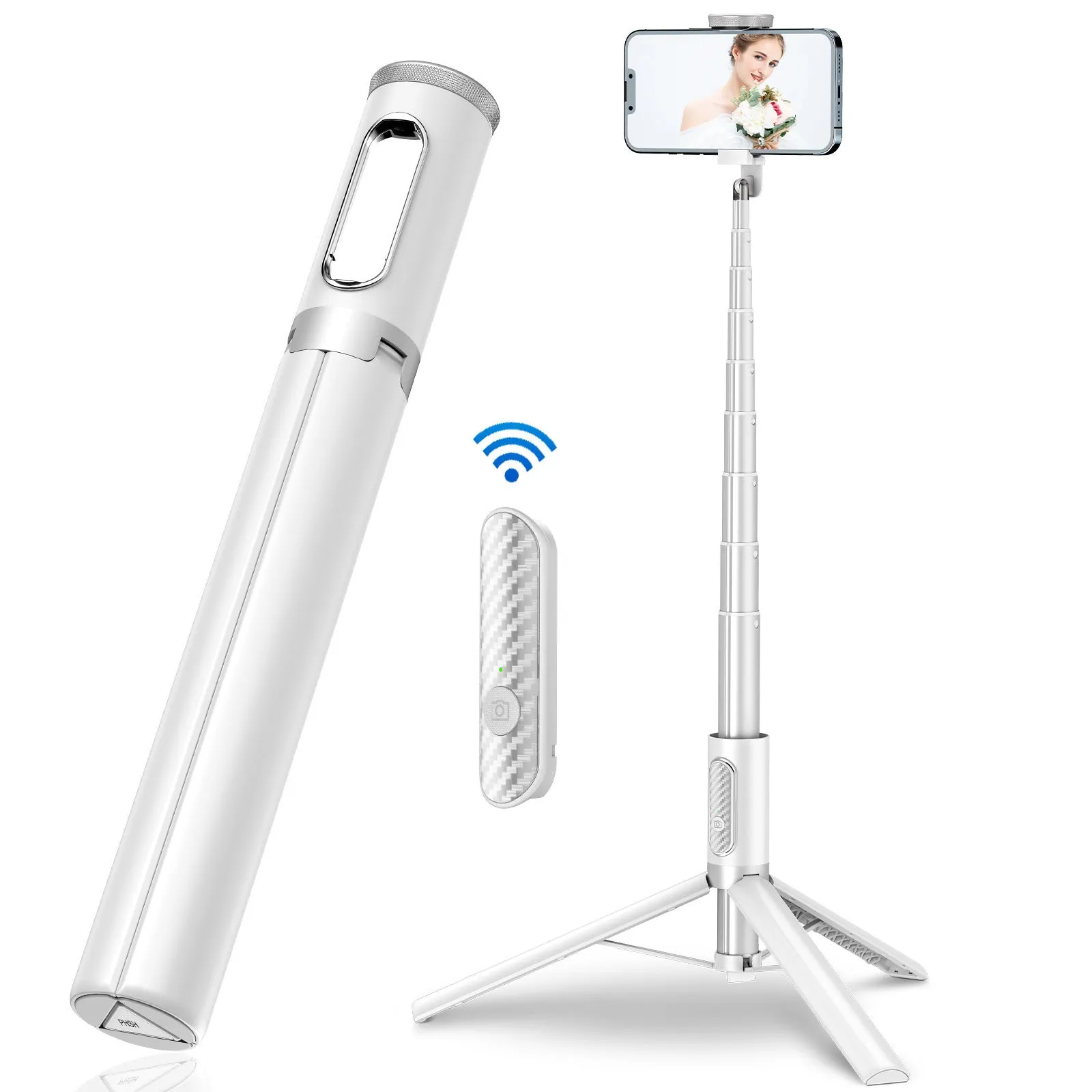 Black gold aluminum alloy Bluetooth selfie stick tripod extended to 1.7m holding a smartphone