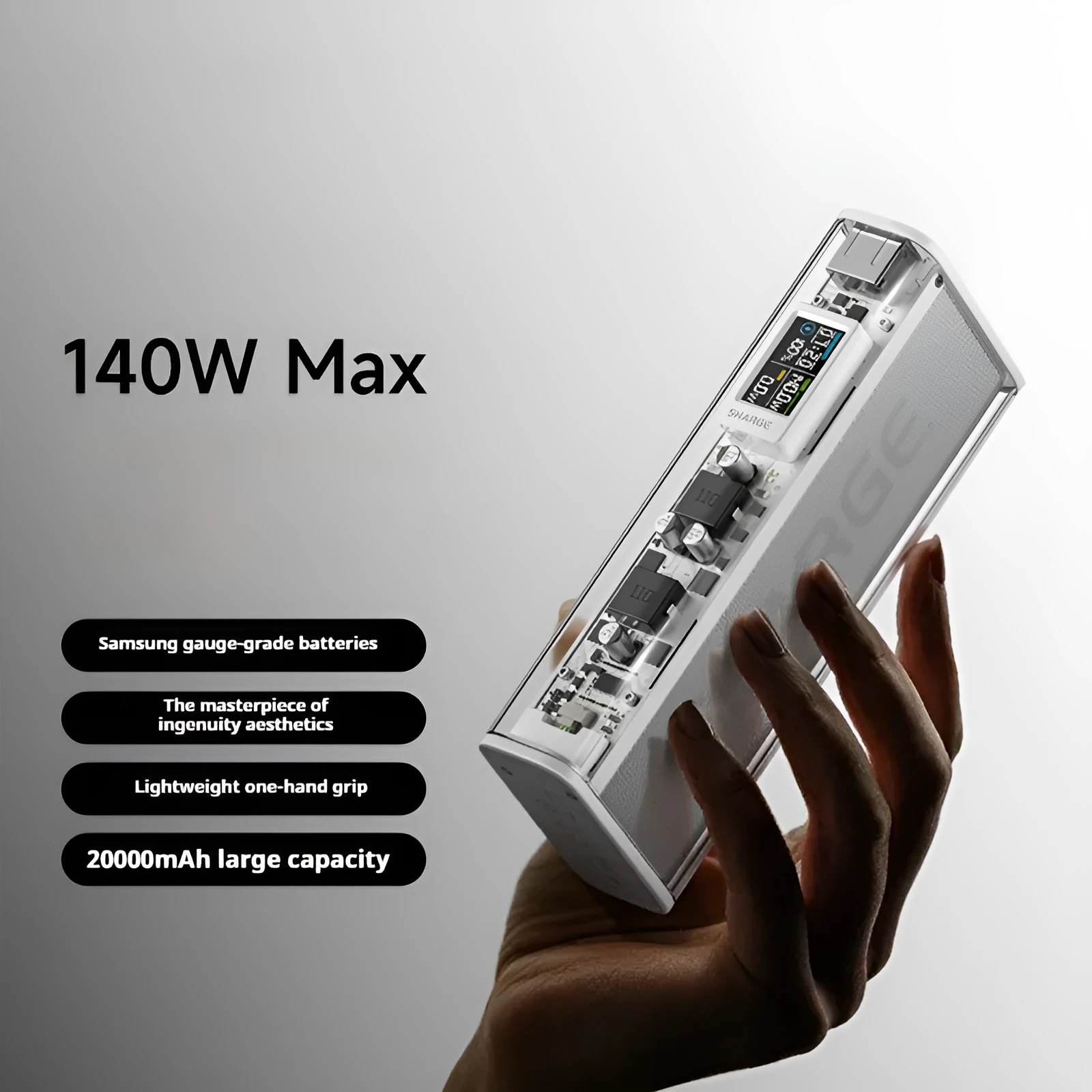Transparent plastic power bank with 20000mAh capacity showing internal components