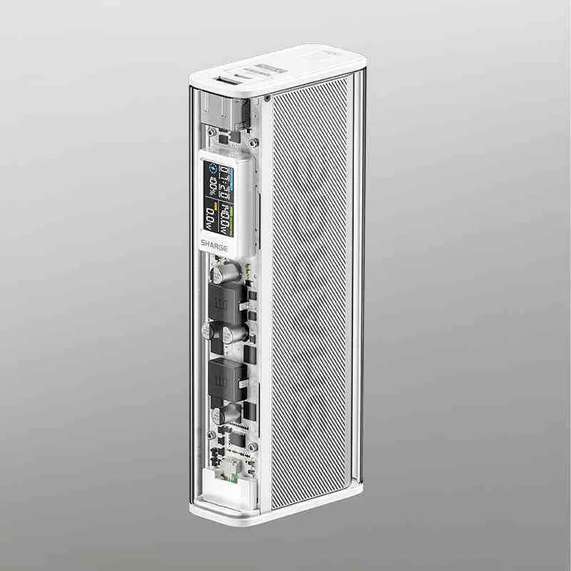 Transparent plastic power bank with 20000mAh capacity showing internal components