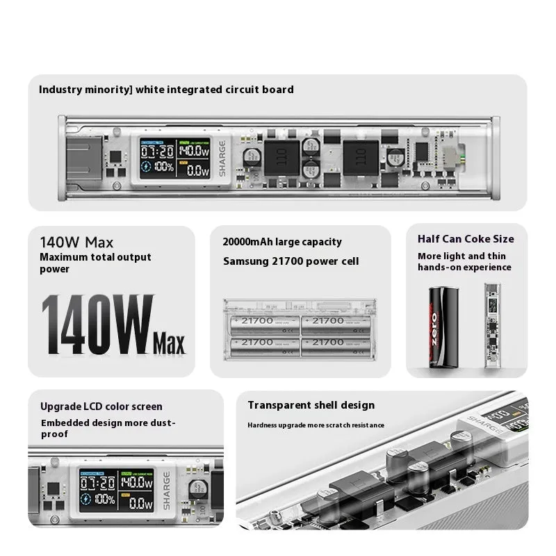 Transparent plastic power bank with 20000mAh capacity showing internal components