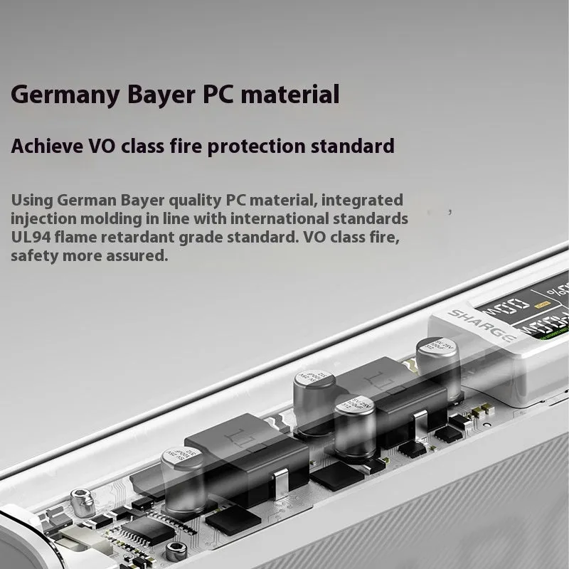 Transparent plastic power bank with 20000mAh capacity showing internal components