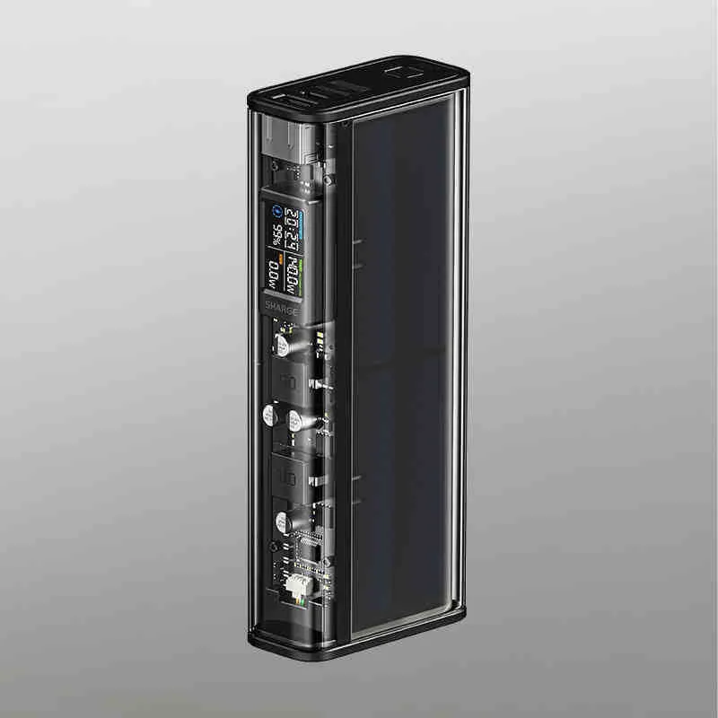 Transparent plastic power bank with 20000mAh capacity showing internal components