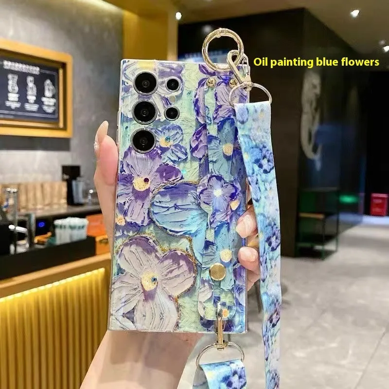 Oil painting flower phone case with rhinestone wristband lanyard for Samsung, blue purple flower design