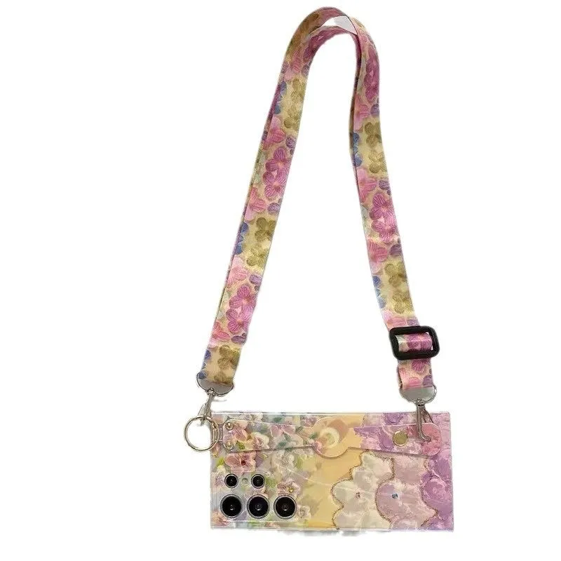 Oil painting flower phone case with rhinestone wristband lanyard for Samsung, blue purple flower design