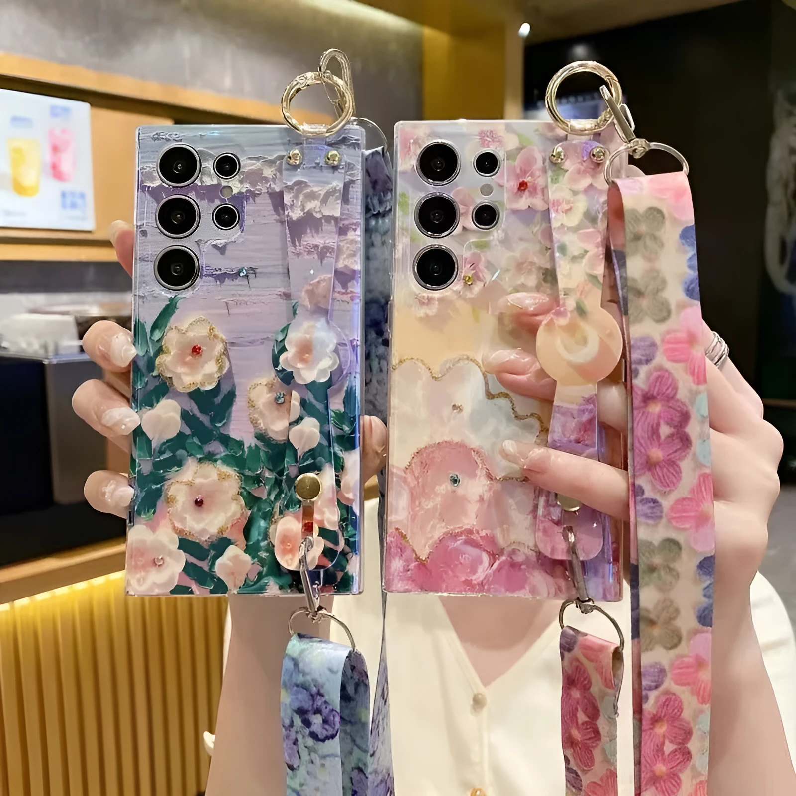 Oil painting flower phone case with rhinestone wristband lanyard for Samsung, blue purple flower design