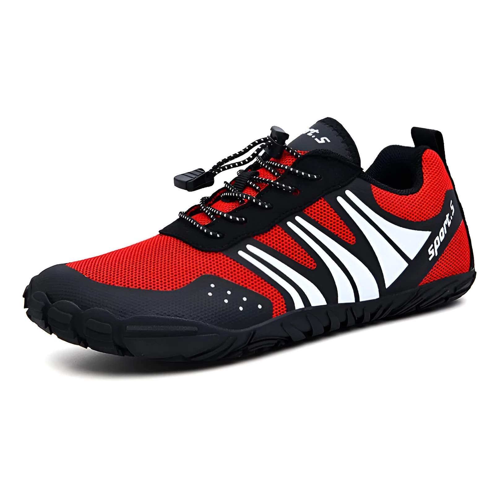 Quick-drying outdoor wading shoes in mesh with a natural rubber sole, shown in red colour.