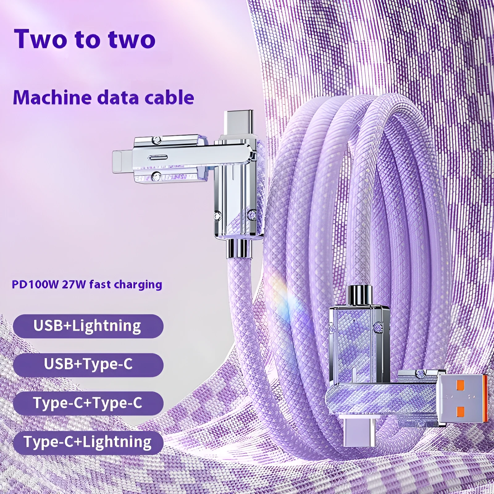 Zinc alloy cloth braided data cable in black, 1 metre, with Lightning and Type-C connectors