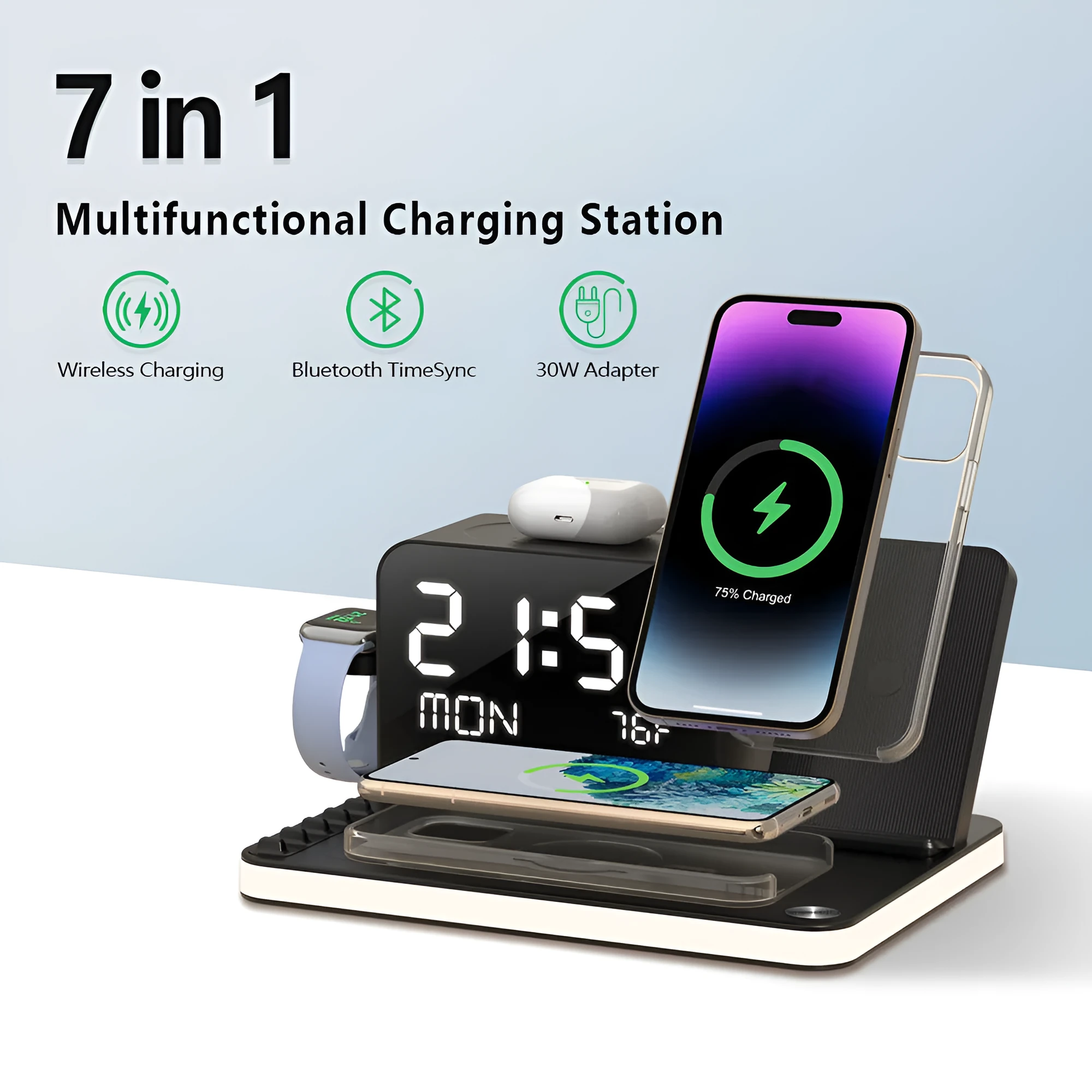 7-in-1 multifunctional wireless charging station black with touch night light and week temperature display