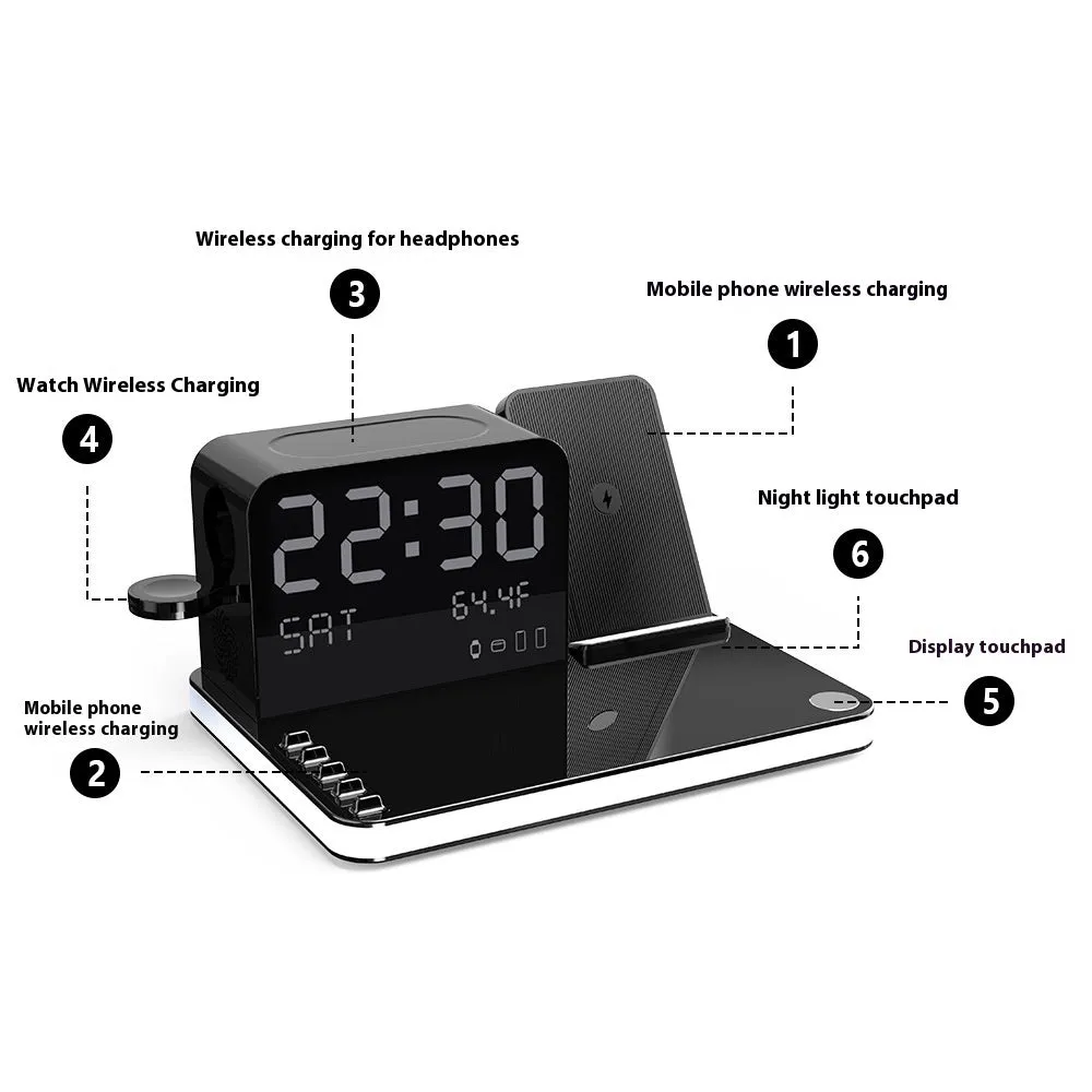 7-in-1 multifunctional wireless charging station black with touch night light and week temperature display