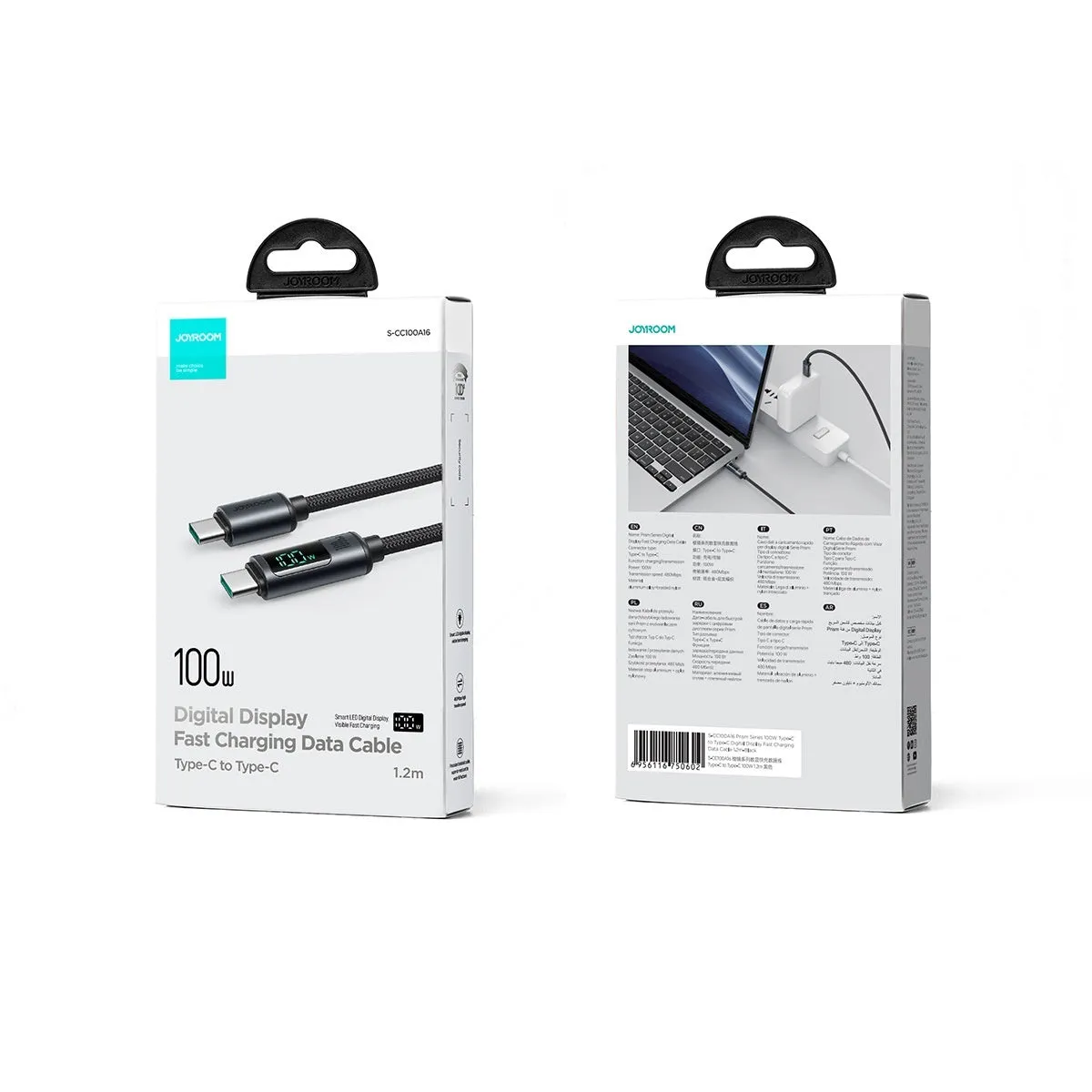 PD20 66W fast charge braided aluminium alloy digital display data cable in black with TypeC connector